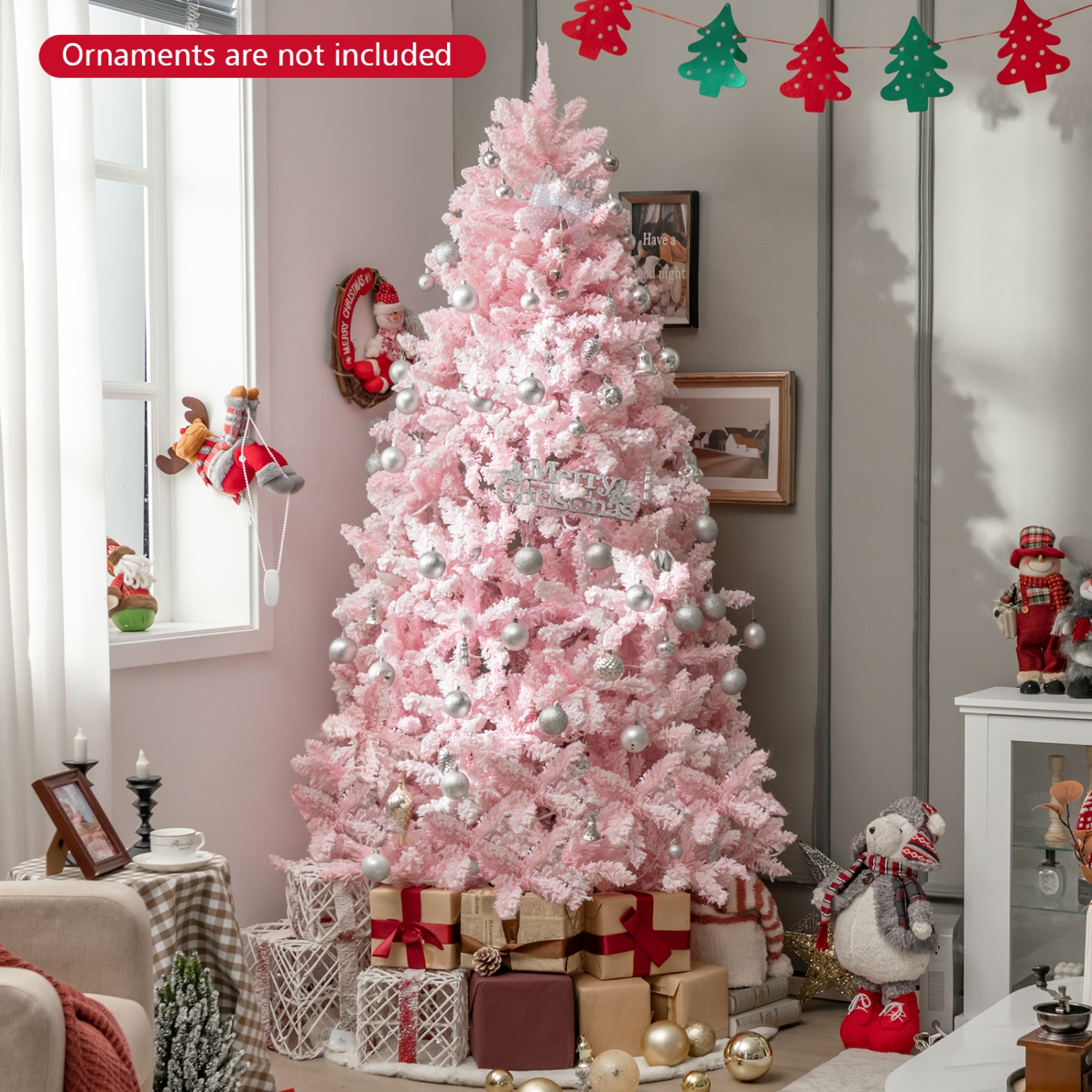 Costway 7 FT Flocked Artificial Christmas Tree Hinged with 500 LED Lights 1200 Branch Tips
