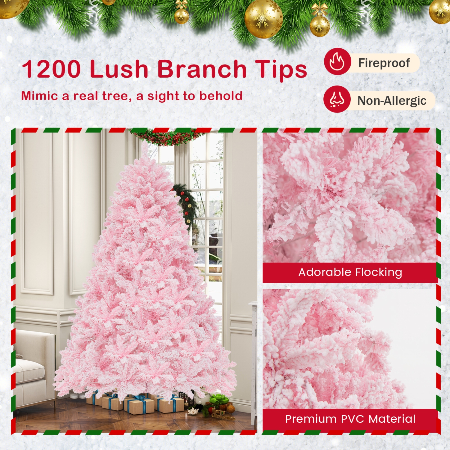 Costway 7 FT Flocked Artificial Christmas Tree Hinged with 500 LED Lights 1200 Branch Tips