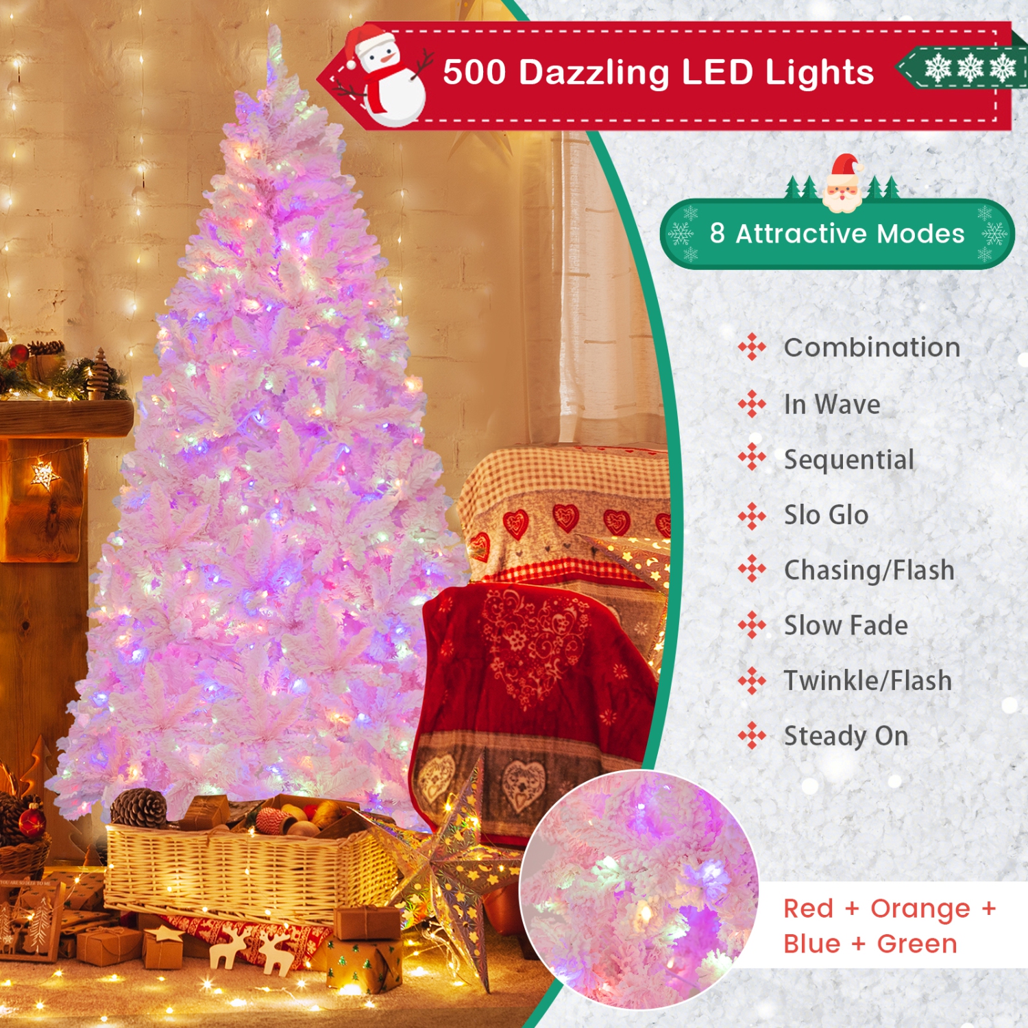 Costway 7 FT Flocked Artificial Christmas Tree Hinged with 500 LED Lights 1200 Branch Tips