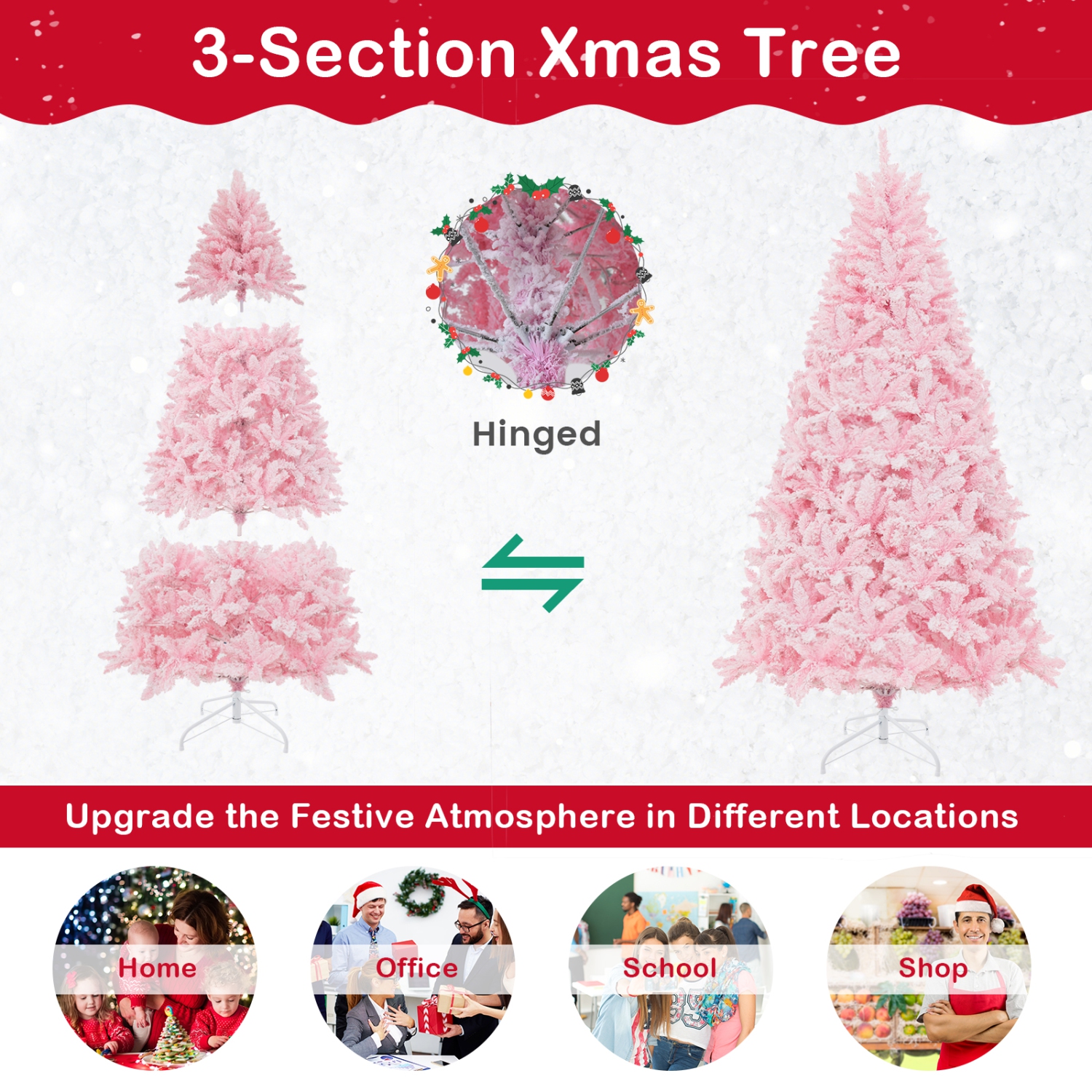 Costway 7 FT Flocked Artificial Christmas Tree Hinged with 500 LED Lights 1200 Branch Tips