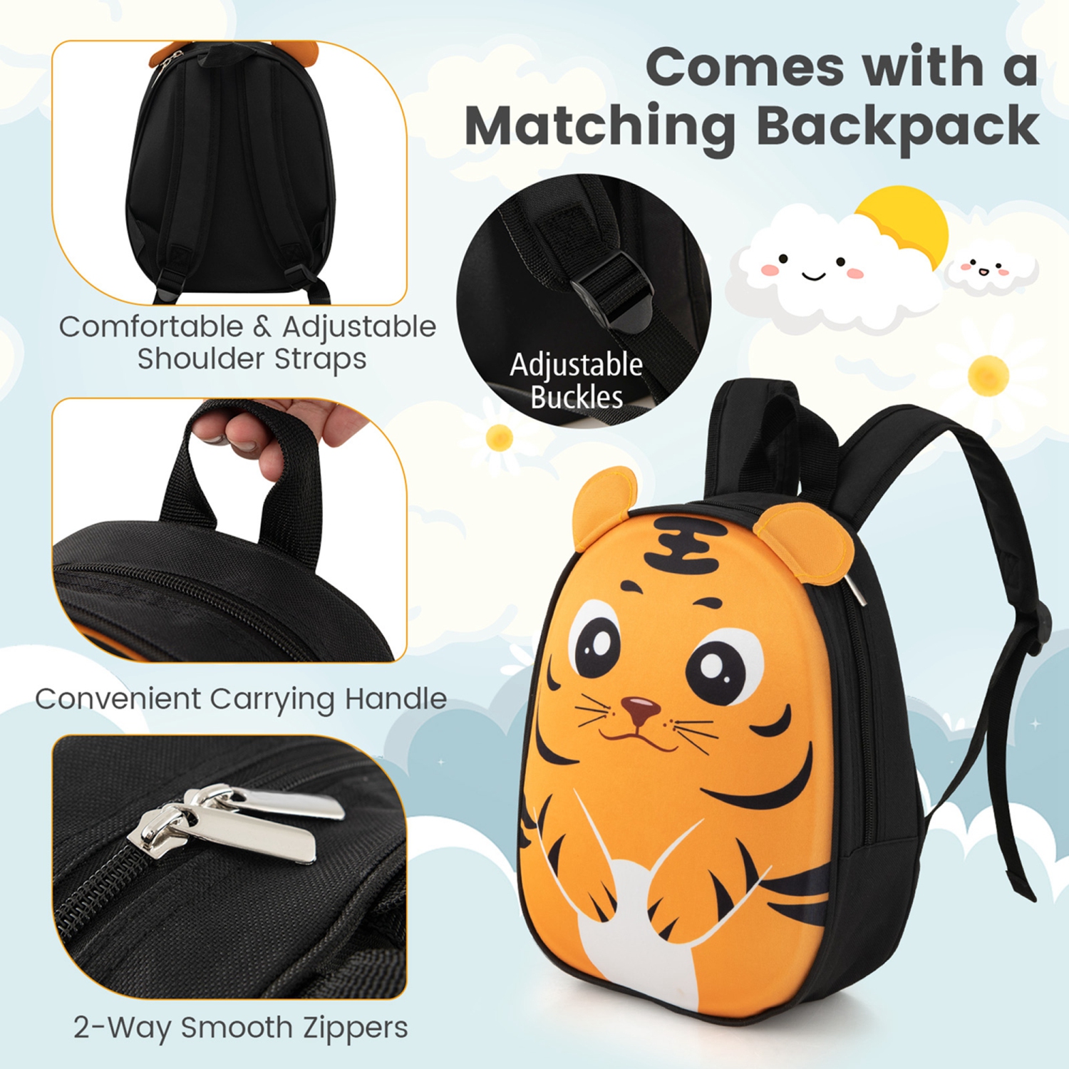 Ensemble de 2 valises cabine 16&nbsp;po hibou à roulettes pour enfants de Costway avec sac à dos de voyage 12&nbsp;po rose/blanc/jaune