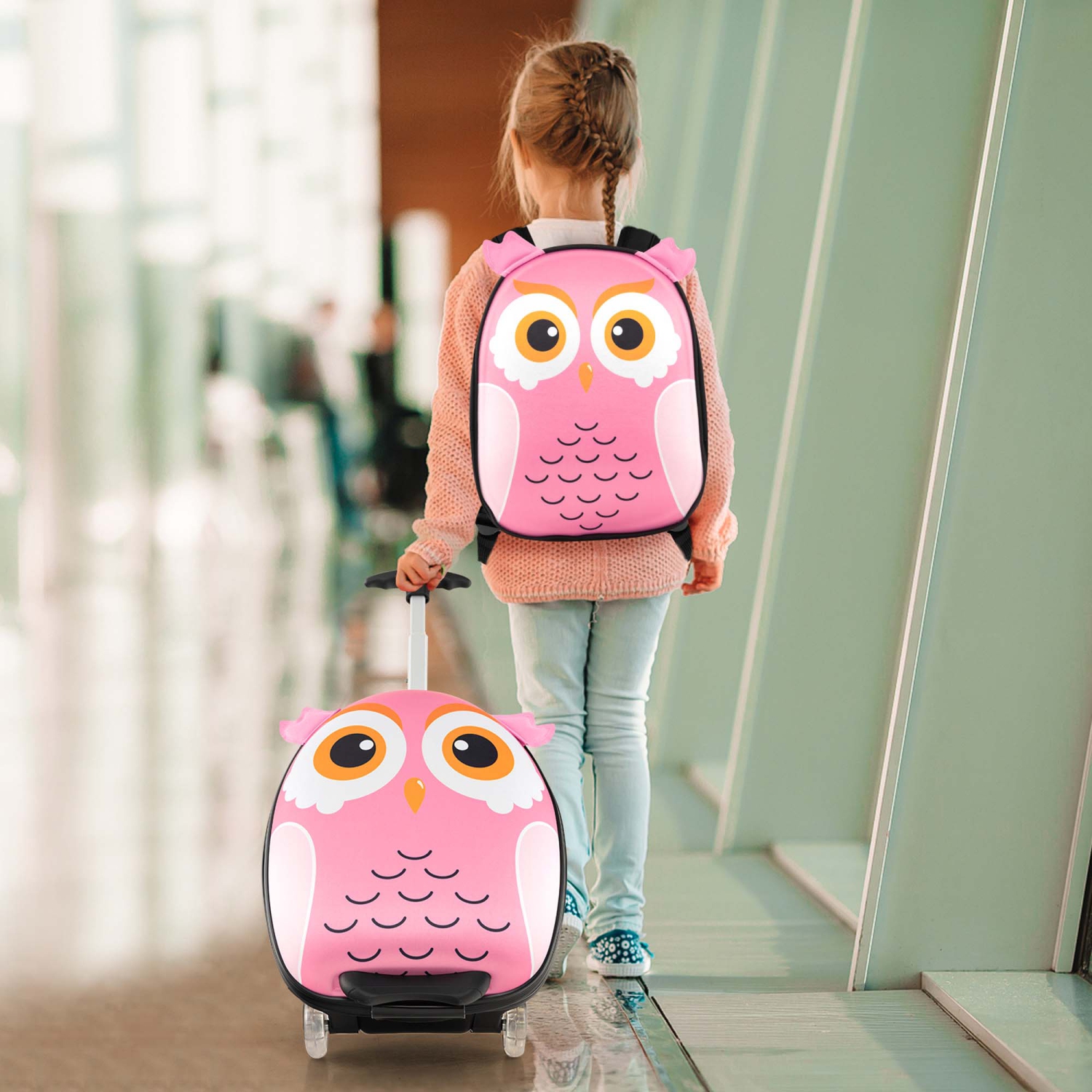 Ensemble de 2 valises cabine 16&nbsp;po hibou à roulettes pour enfants de Costway avec sac à dos de voyage 12&nbsp;po rose/blanc/jaune