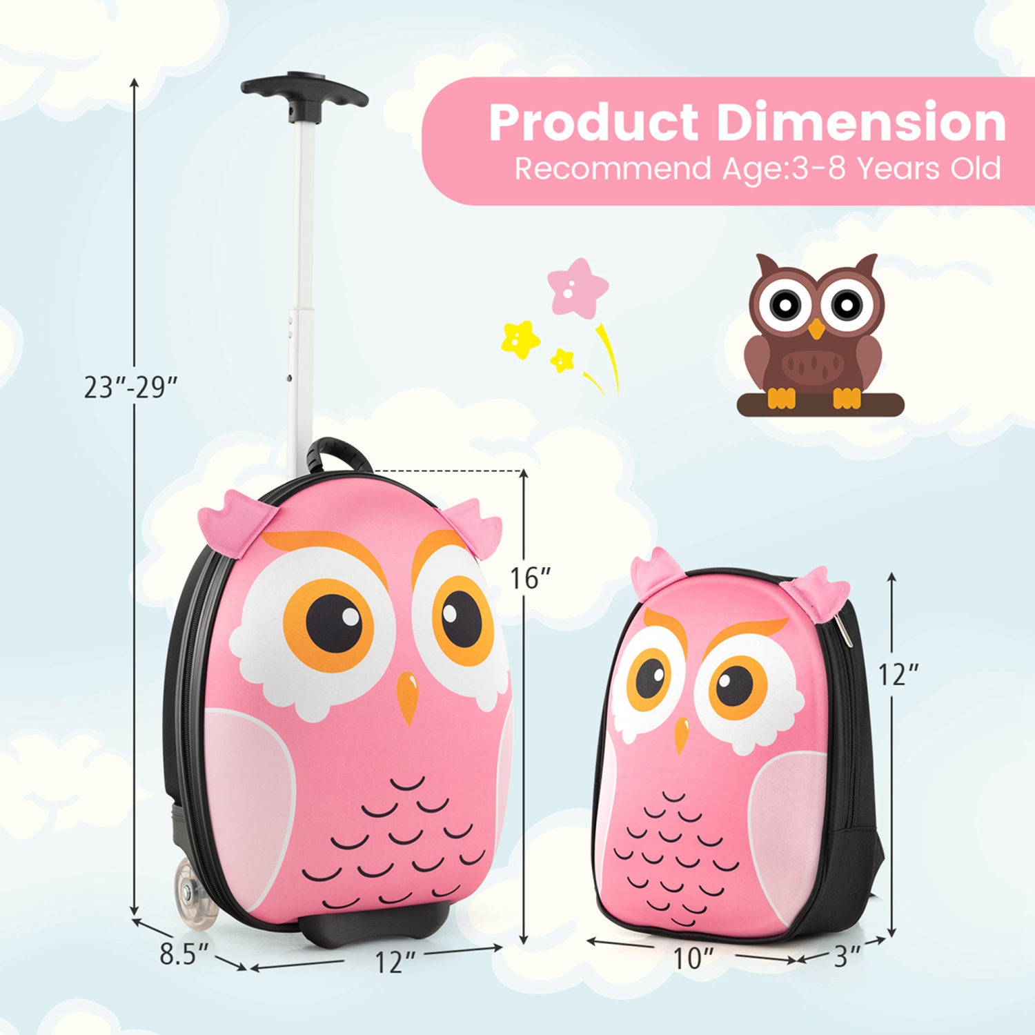 Ensemble de 2 valises cabine 16&nbsp;po hibou à roulettes pour enfants de Costway avec sac à dos de voyage 12&nbsp;po rose/blanc/jaune