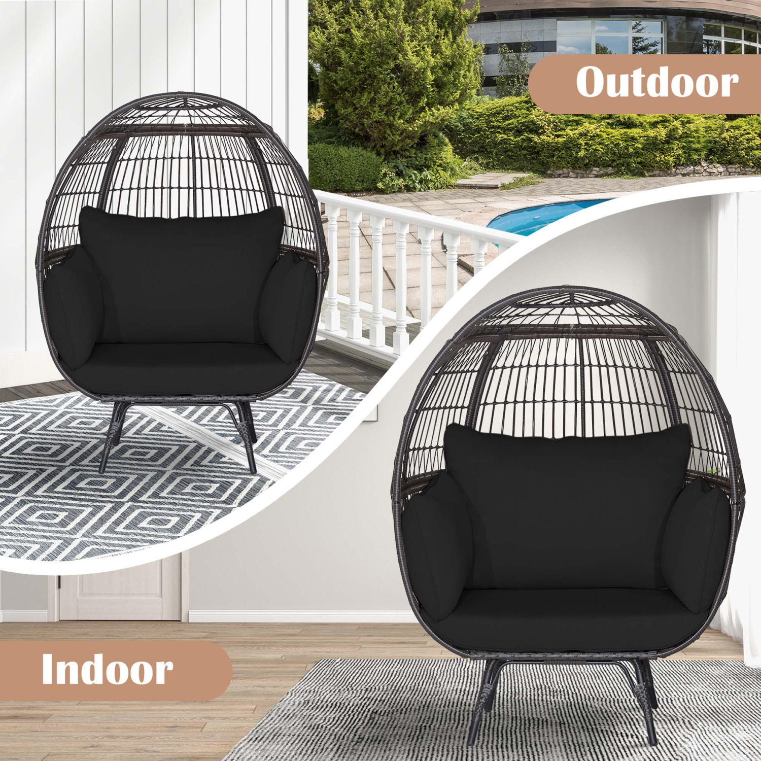 Costway Patio Oversized Rattan Wicker Egg Chair Lounge Basket 4 Cushion Indoor & Outdoor
