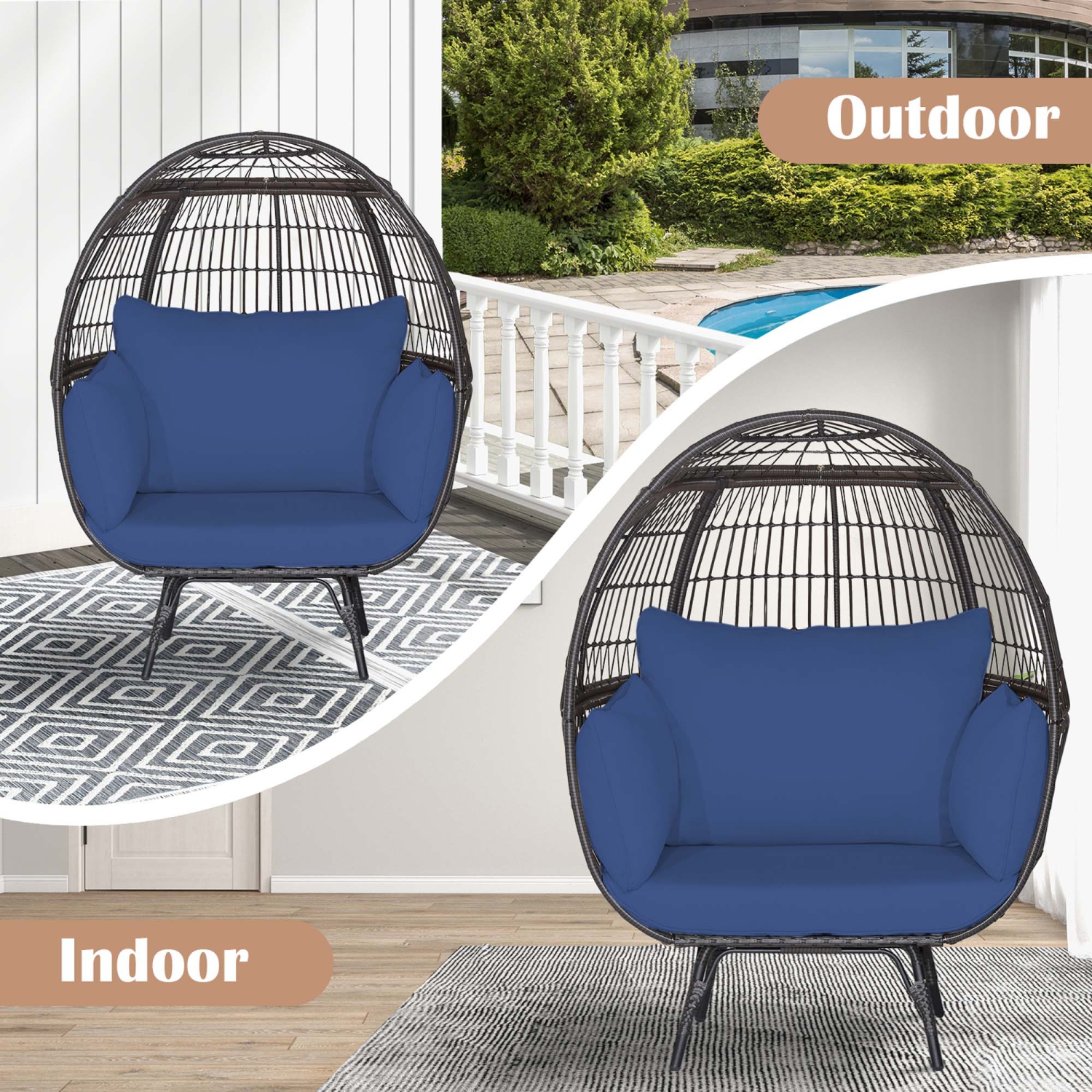 Costway Patio Oversized Rattan Wicker Egg Chair Lounge Basket 4 Cushion Indoor & Outdoor