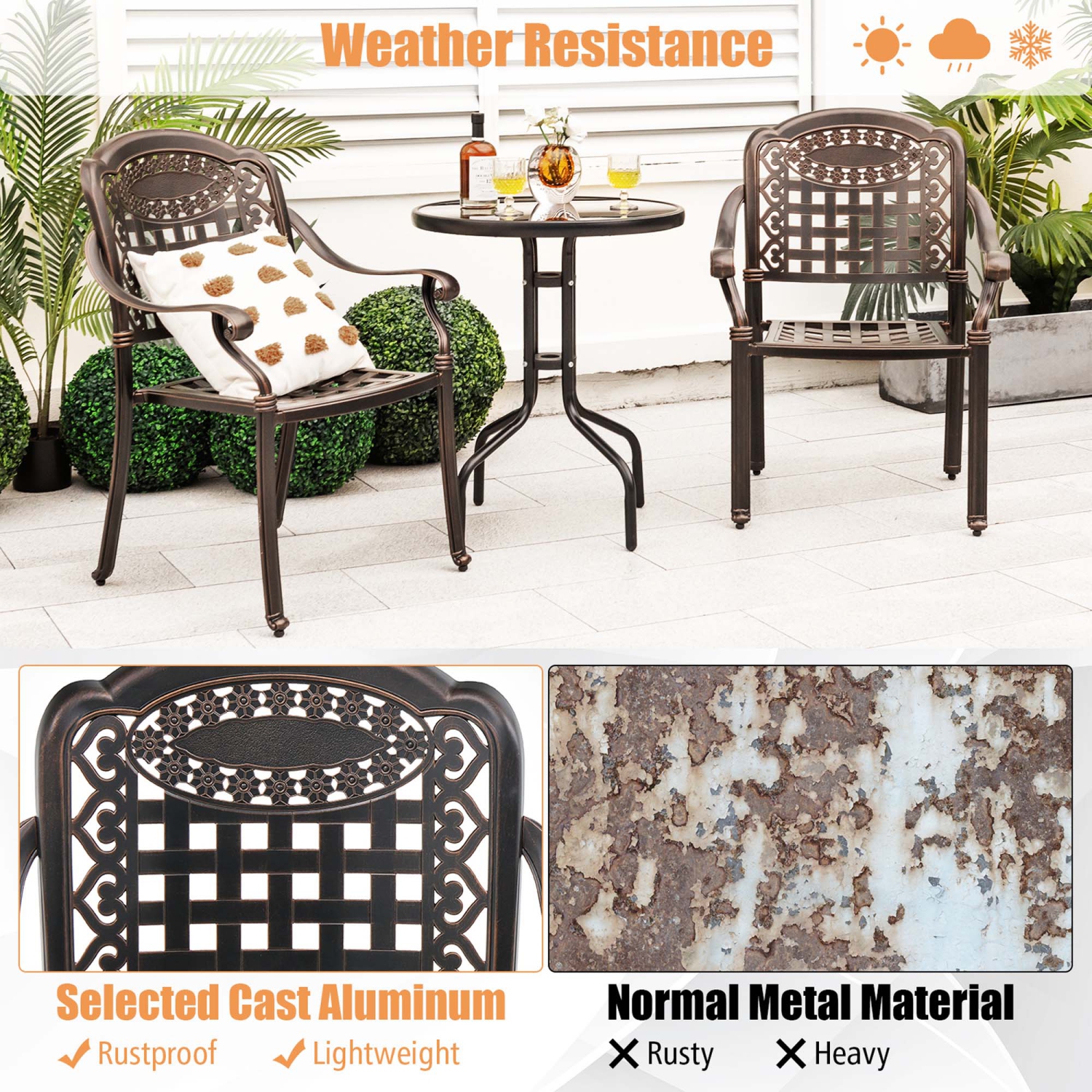 Costway 4pcs Patio Cast Aluminum Armrest Chairs Dining Stackable Outdoor Bronze/White