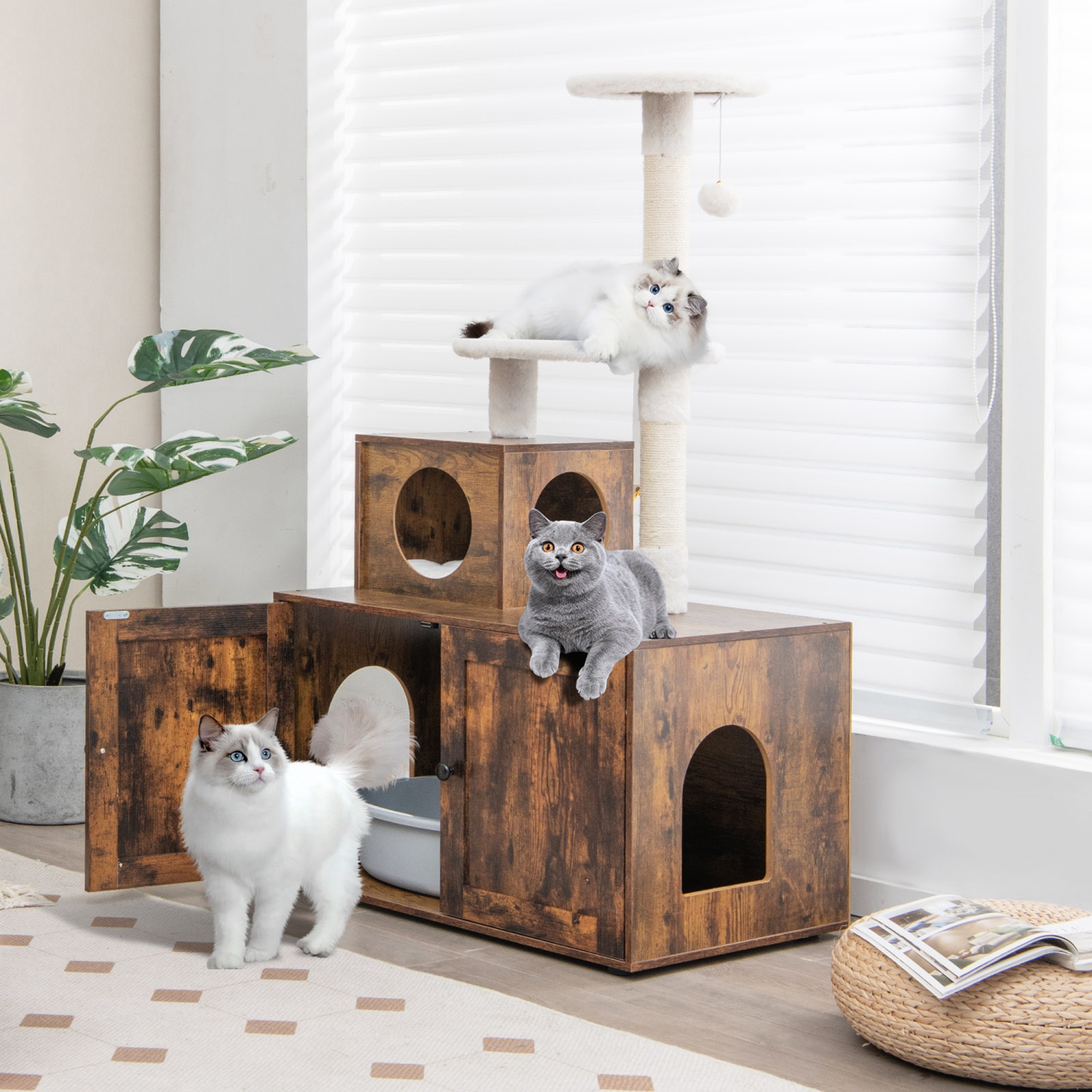 Enceinte 2-en-1 en bois pour litière avec meubles dissimulés Cat Tree de Costway
