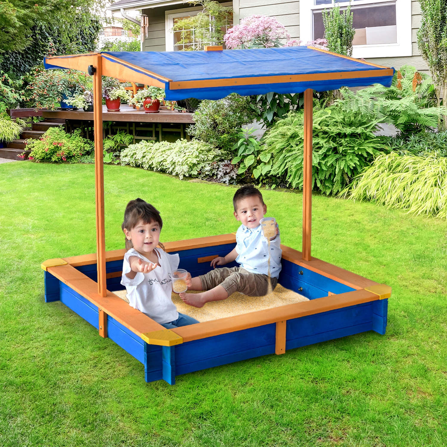 Teamson Kids Wooden Sand Box Garden Shade Outdoor Summer Play Wood Blue