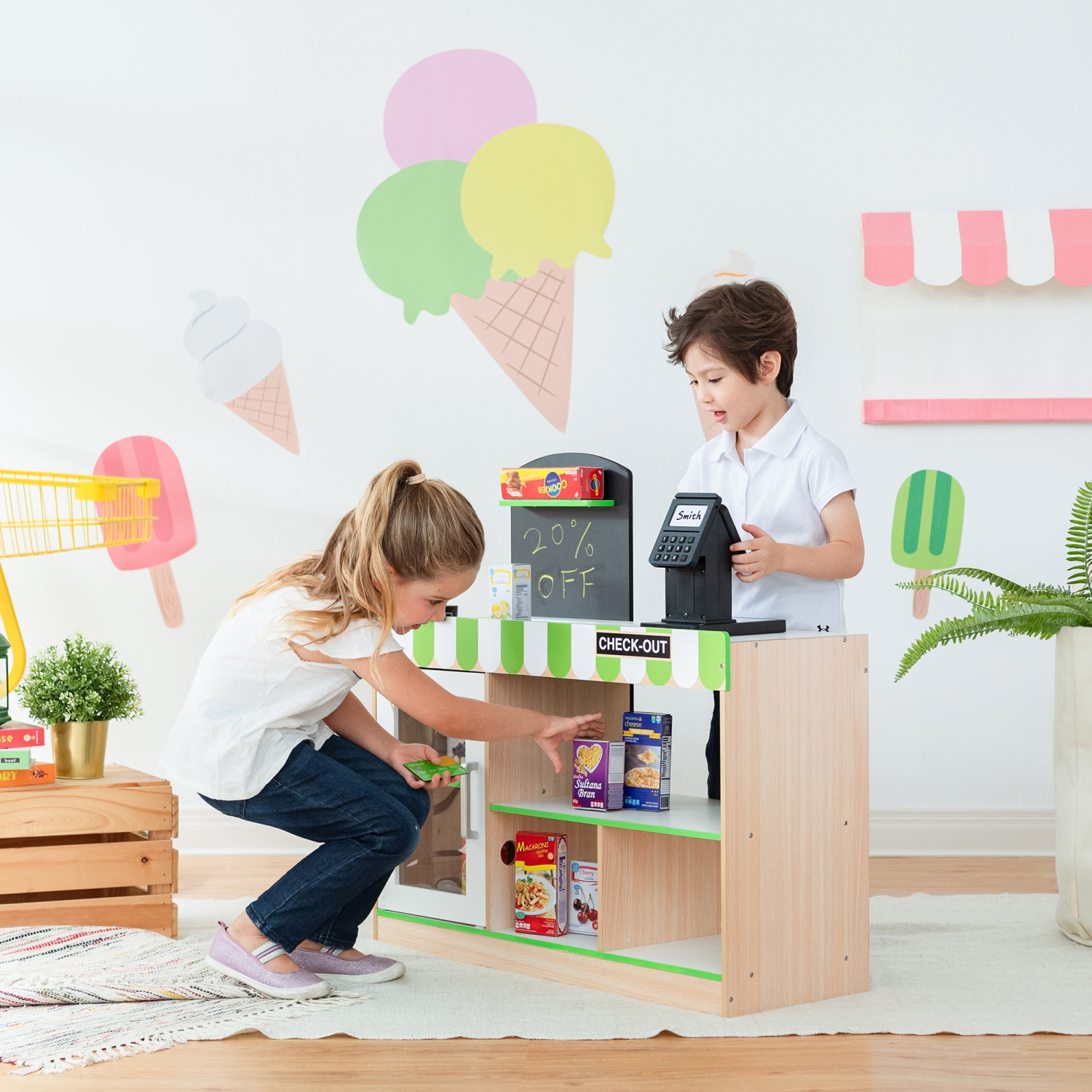 Jeu de rôles pour enfants caissier Austin Play Market Stand Childrens de Teamson en bois vert