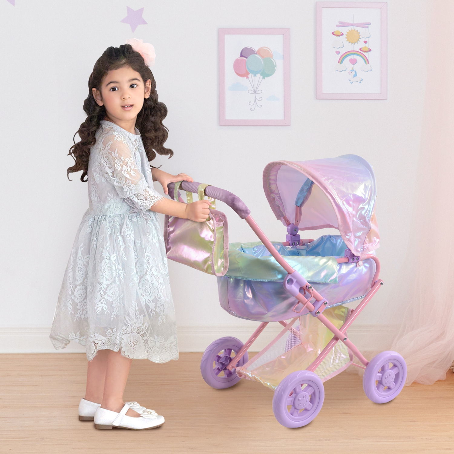 Teamson Kids Pushchair For 16" Dolls Buggy Stroller Foldable Pram Iridescent Color