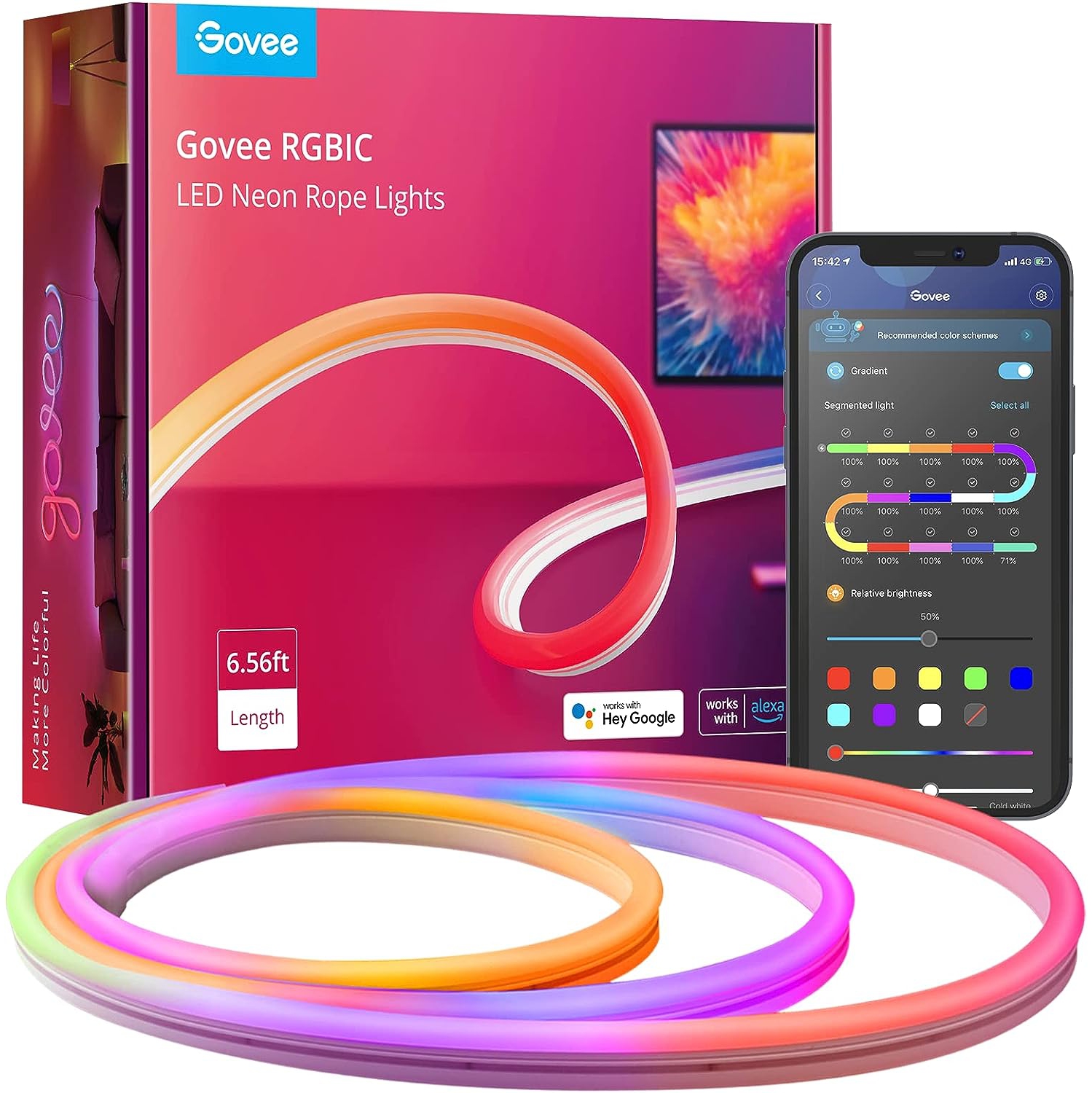 Govee RGBIC Neon Rope Light, 6.56ft LED Rope Lights with Music Sync, DIY Lighting Mode, Works with Alexa and Google Assistant, LED Strip Lights for Bedroom, Gaming Room Decor