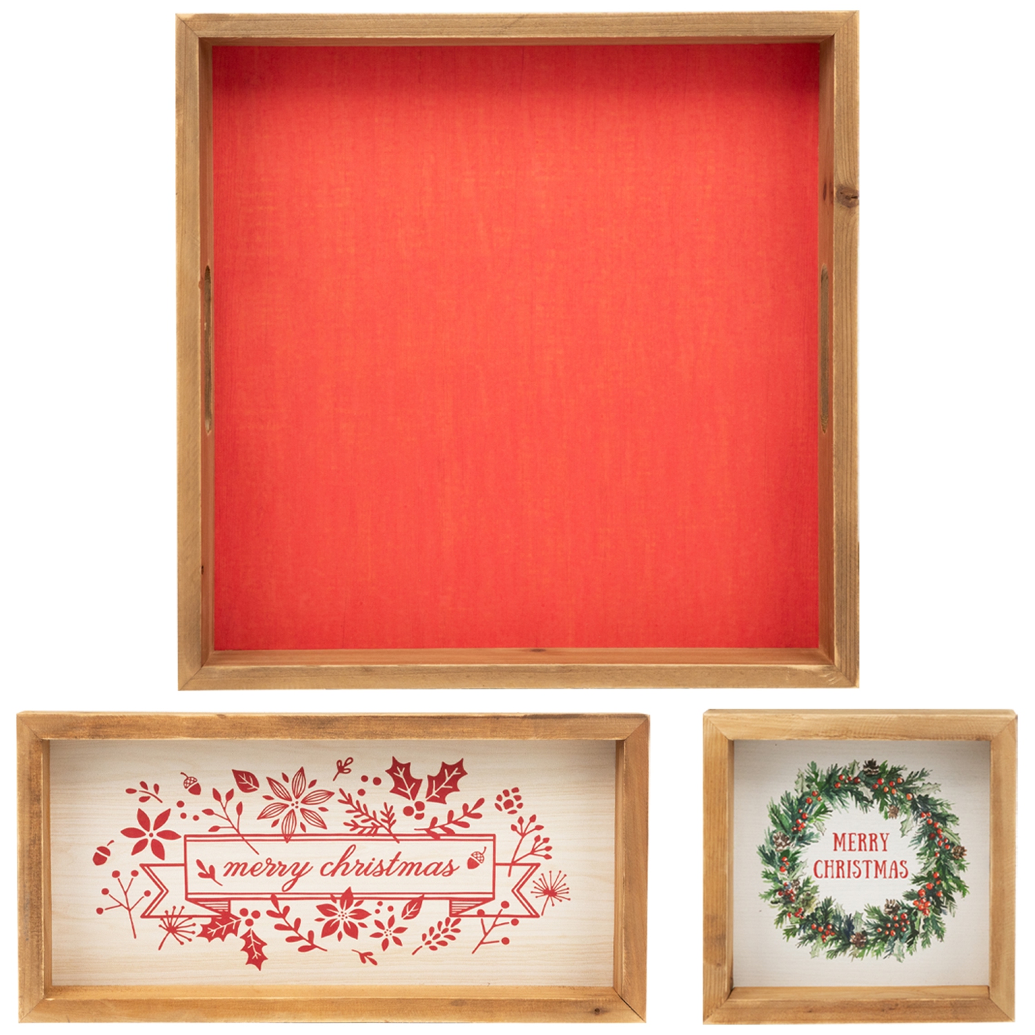 Wooden "Merry Christmas" Plaques and Serving Tray with Handles - 16" - Set of 3