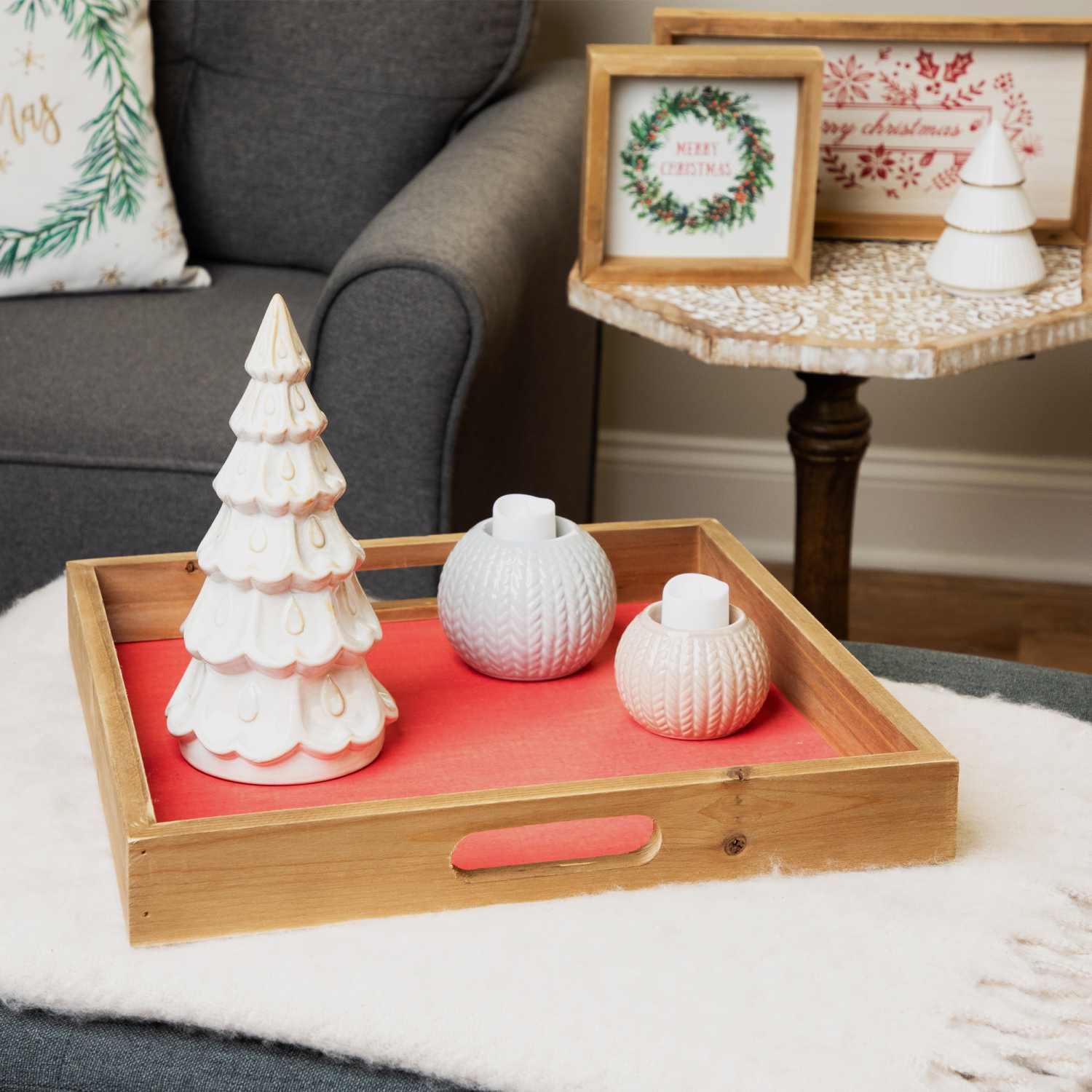 Wooden "Merry Christmas" Plaques and Serving Tray with Handles - 16" - Set of 3