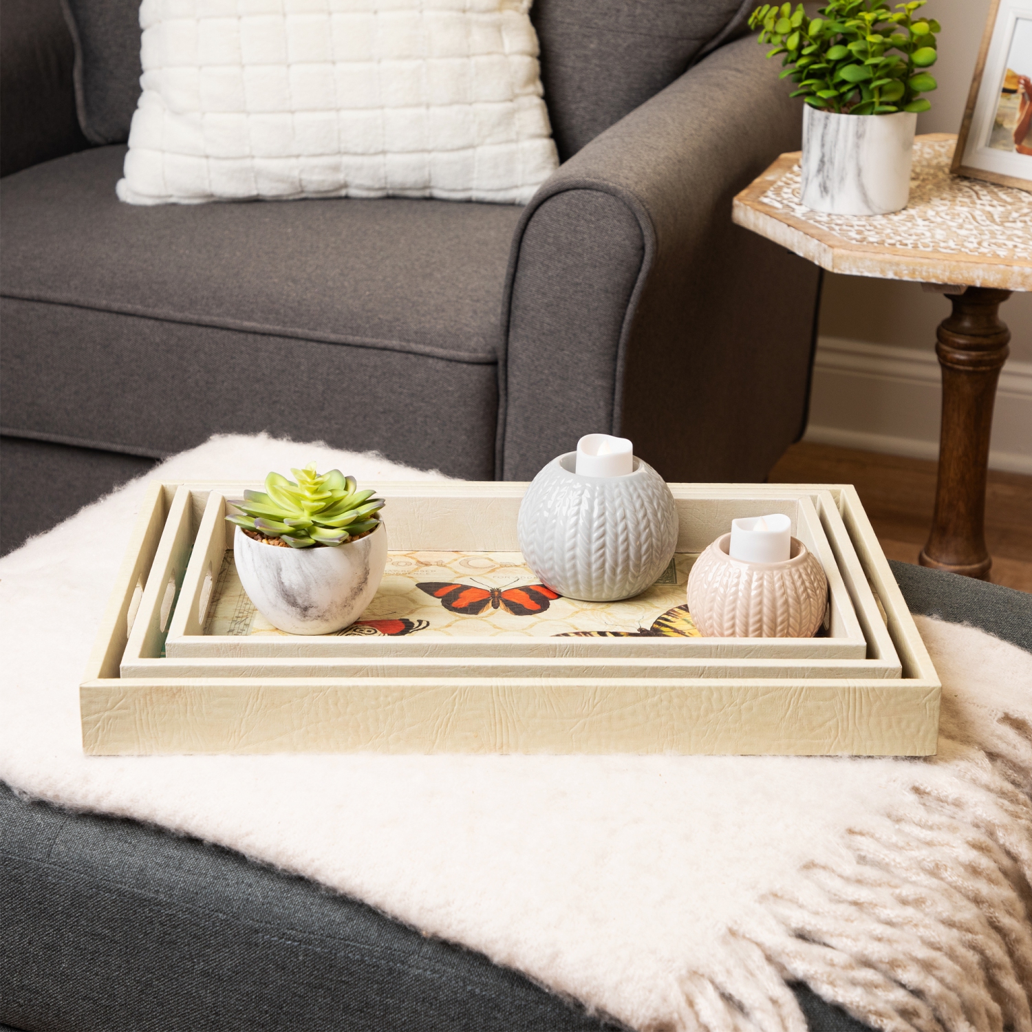 Butterfly Post Card Rectangular Serving Trays - 19" - Set of 3