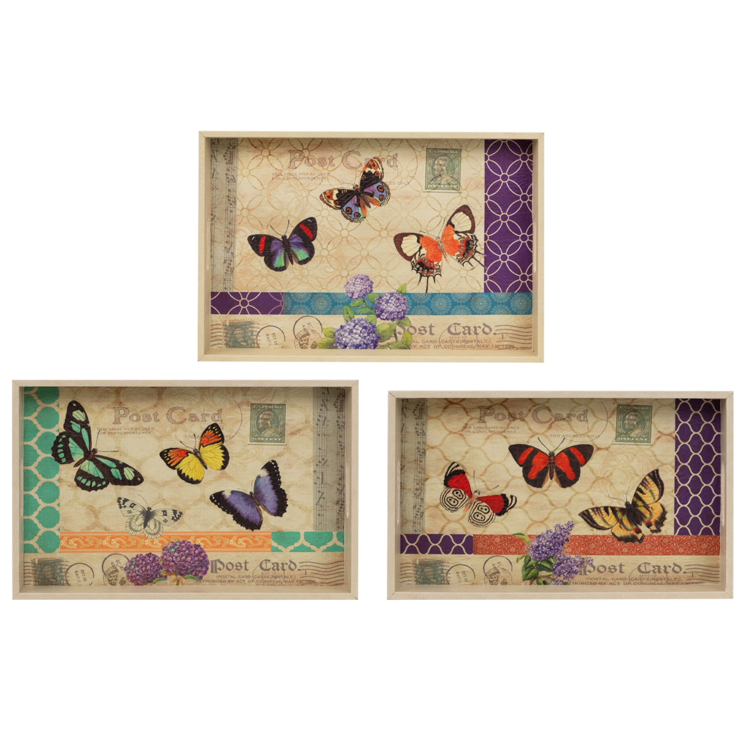 Butterfly Post Card Rectangular Serving Trays - 19" - Set of 3