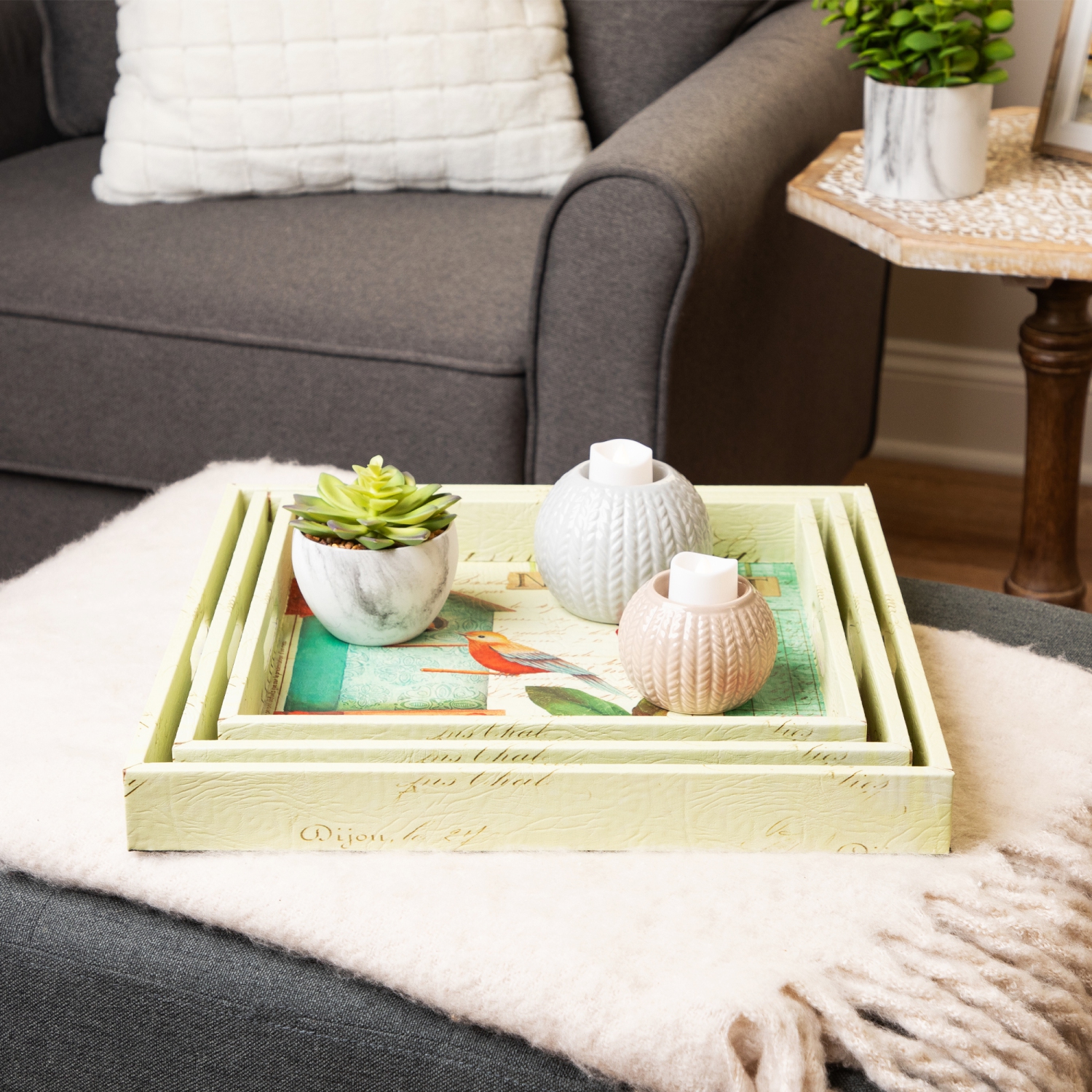 Ensemble de 3 plateaux de service carrés pour nichoir dans le jardin, jaune et blanc, 16 po