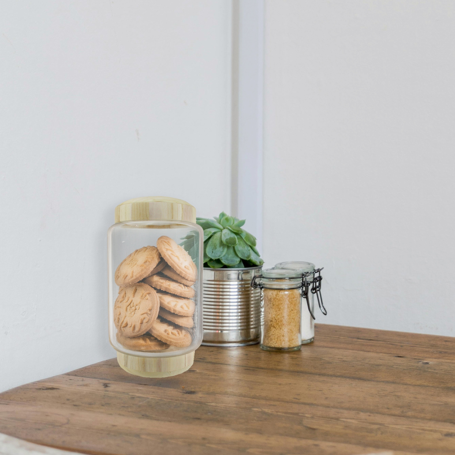 Contenant rond transparent et beige de 13,5 po avec base