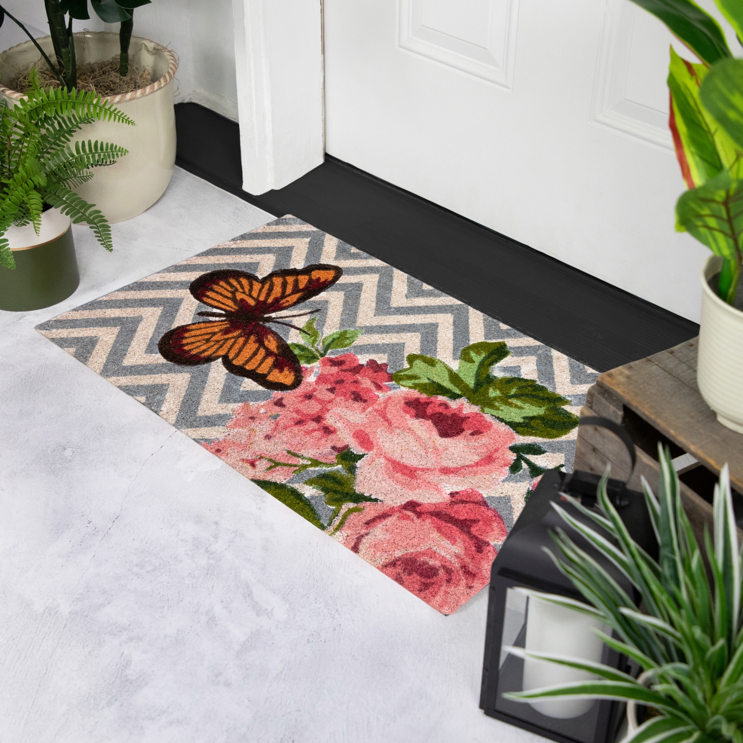 Coir Rose with a Butterfly Chevron Spring Door Mat 18" x 30"