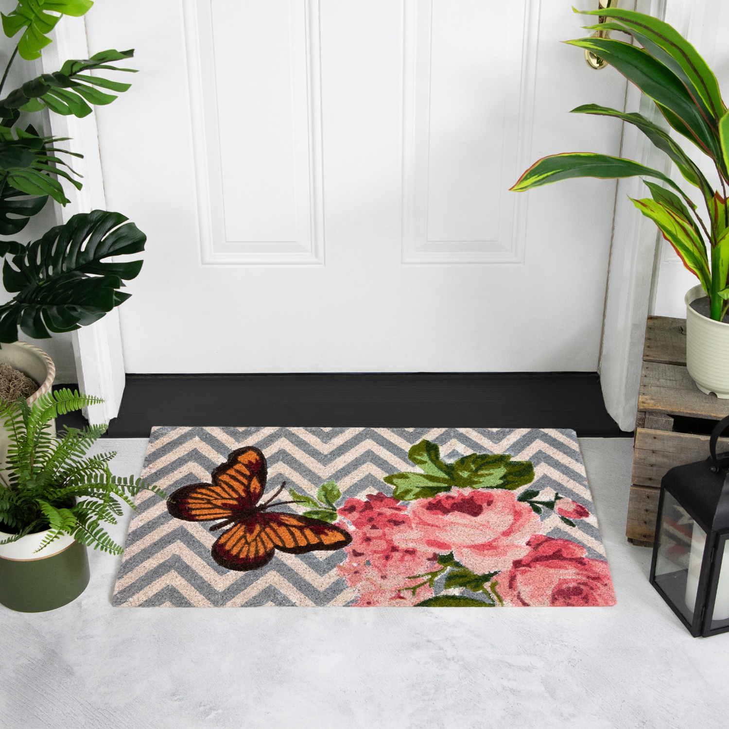 Coir Rose with a Butterfly Chevron Spring Door Mat 18" x 30"