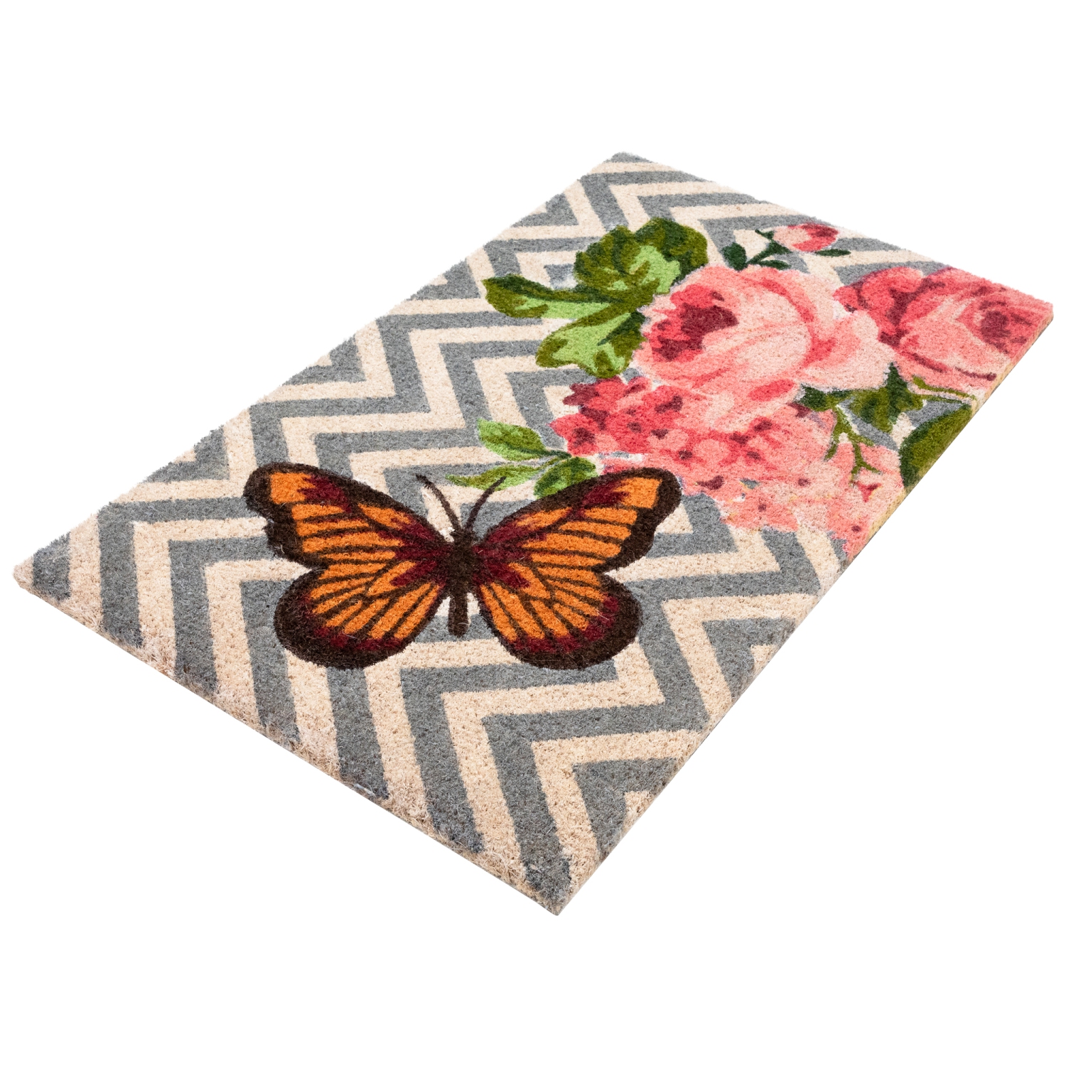 Coir Rose with a Butterfly Chevron Spring Door Mat 18" x 30"