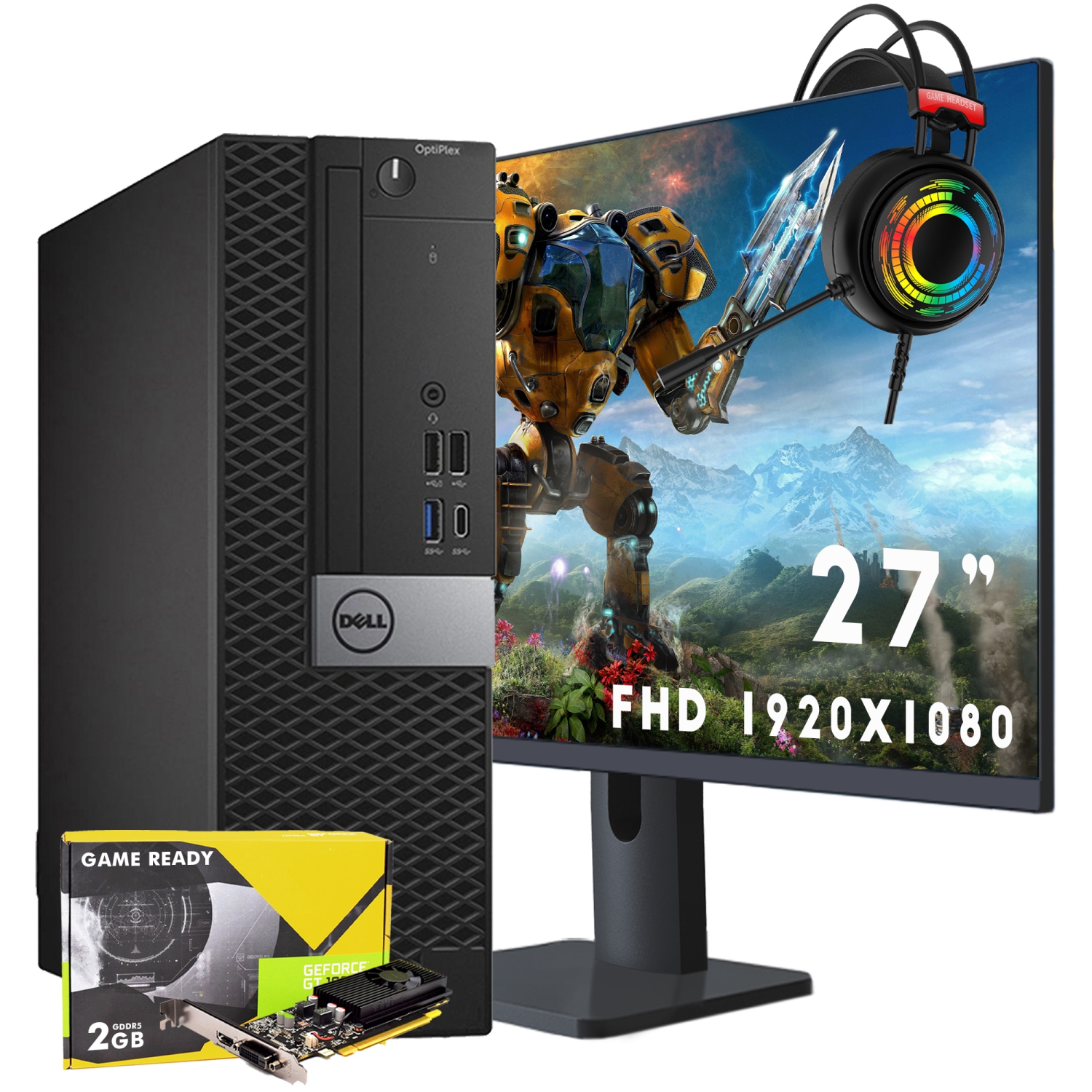 Refurbished - Dell OptiPlex 7050 SFF (Core i7 7th Gen|New 27" FHD Monitor|16GB RAM|1TB SSD|Win 10 Pro| GT 1030| Gaming Headset) Business Desktop PC -