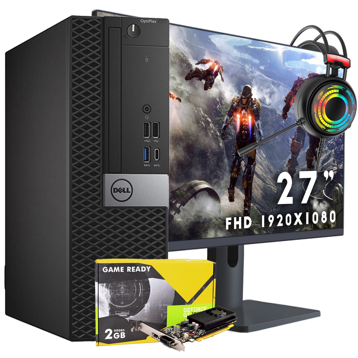 Refurbished - Dell OptiPlex 7050 SFF (Core i7 7th Gen|New 27" FHD Monitor|32GB RAM|1TB SSD|Win 10 Pro| GT 1030| Gaming Headset) Business Desktop PC -