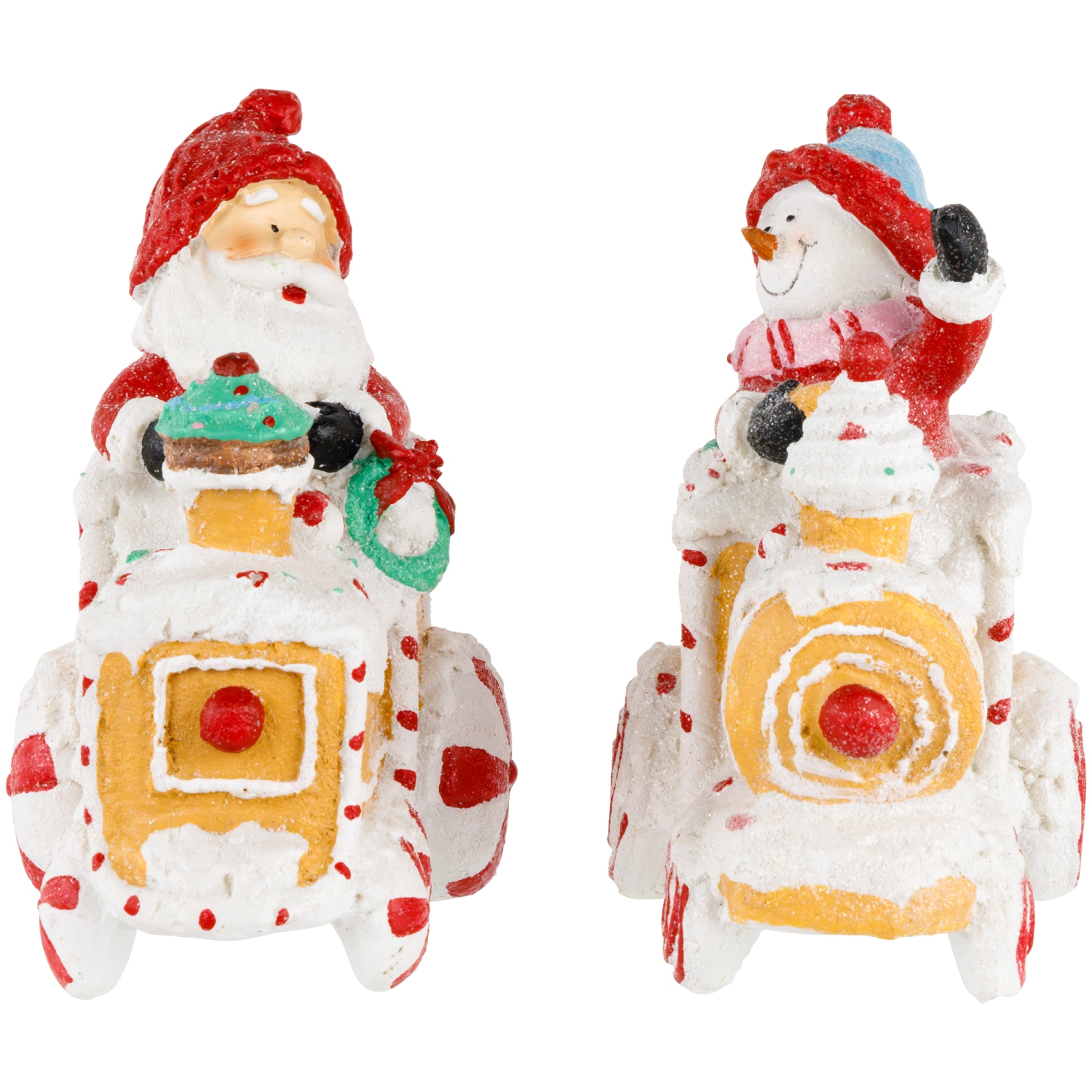 Santa and Snowman on Gingerbread Train Car Christmas Figurines - 6.75" - Set of 2