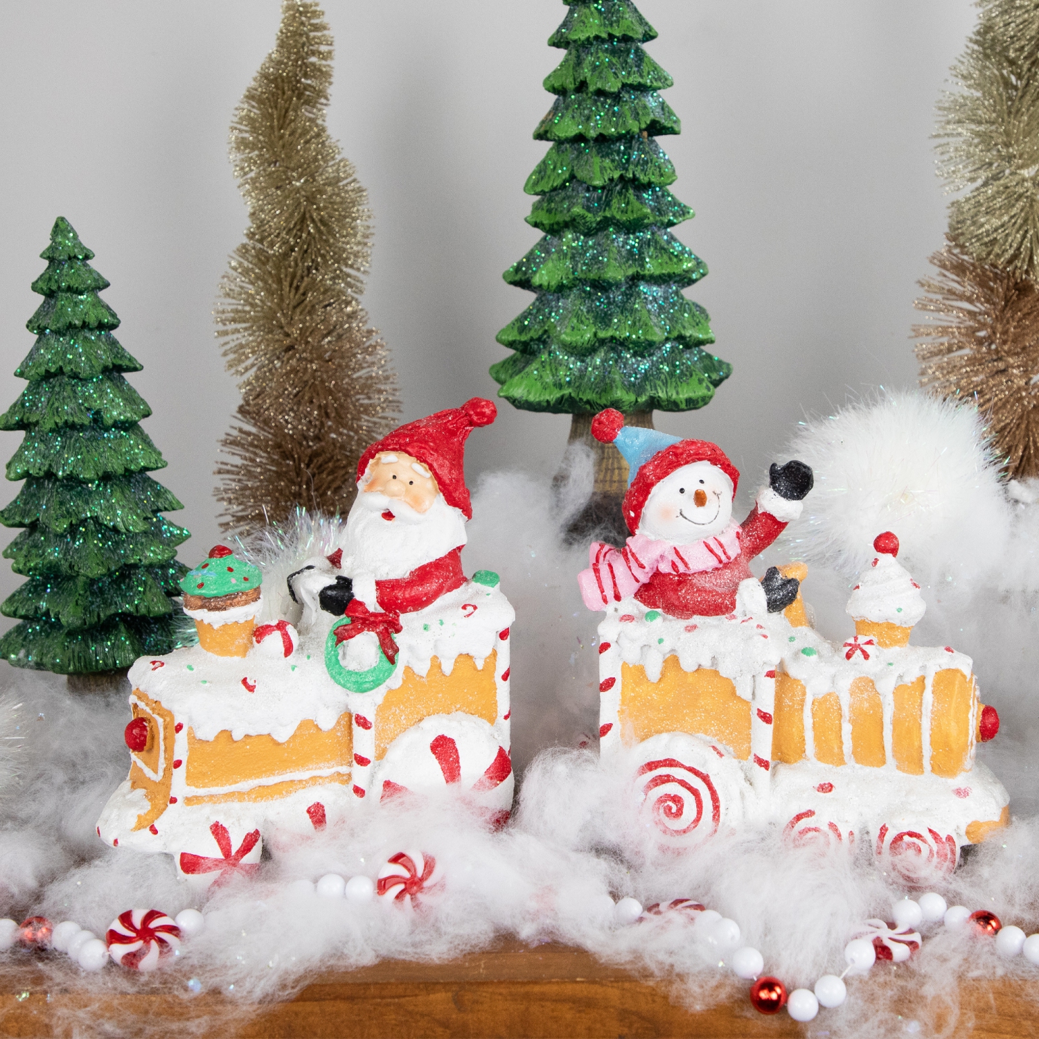 Santa and Snowman on Gingerbread Train Car Christmas Figurines - 6.75" - Set of 2