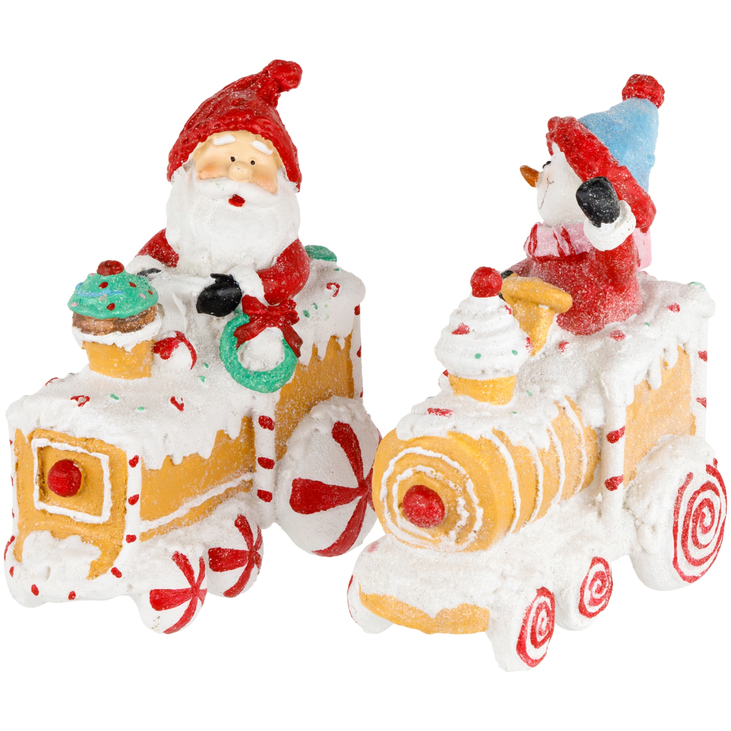 Santa and Snowman on Gingerbread Train Car Christmas Figurines - 6.75" - Set of 2