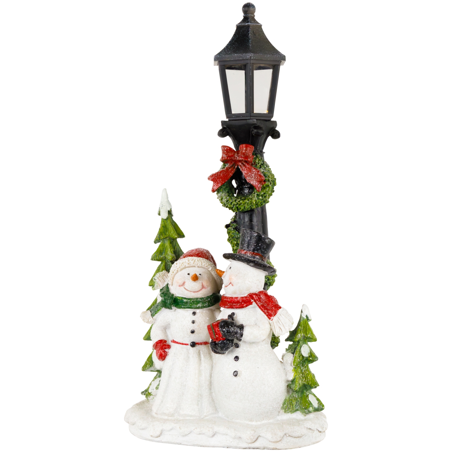 Glittered Snow Couple Under Lighted Street Lamp Christmas Decoration - 14"