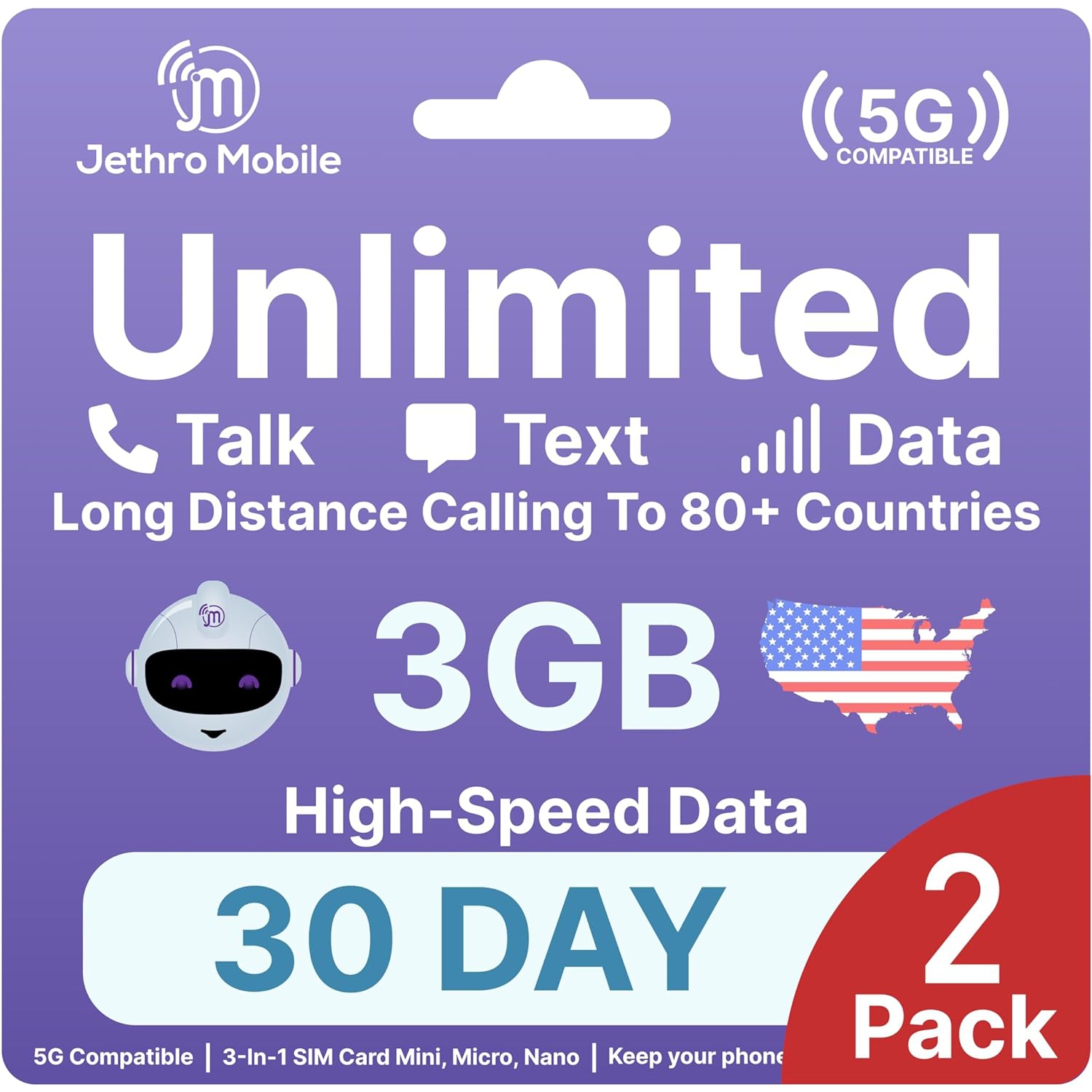 Jethro Mobile Prepaid USA Travel SIM card, 4G LTE High-Speed Data, Unlimited Talk and Text, No Contract, 1 Month (2 Pack)