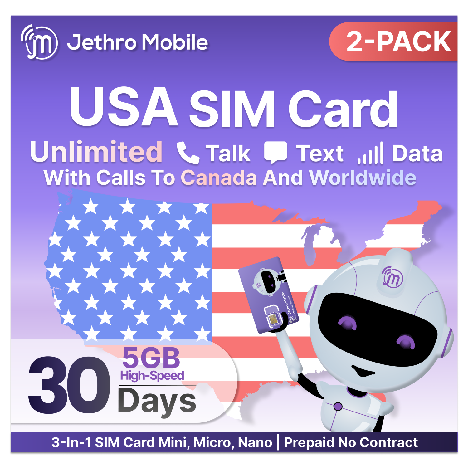 Jethro Mobile Prepaid USA Travel SIM card, 4G LTE High-Speed Data, Unlimited Talk and Text, No Contract, 1 Month