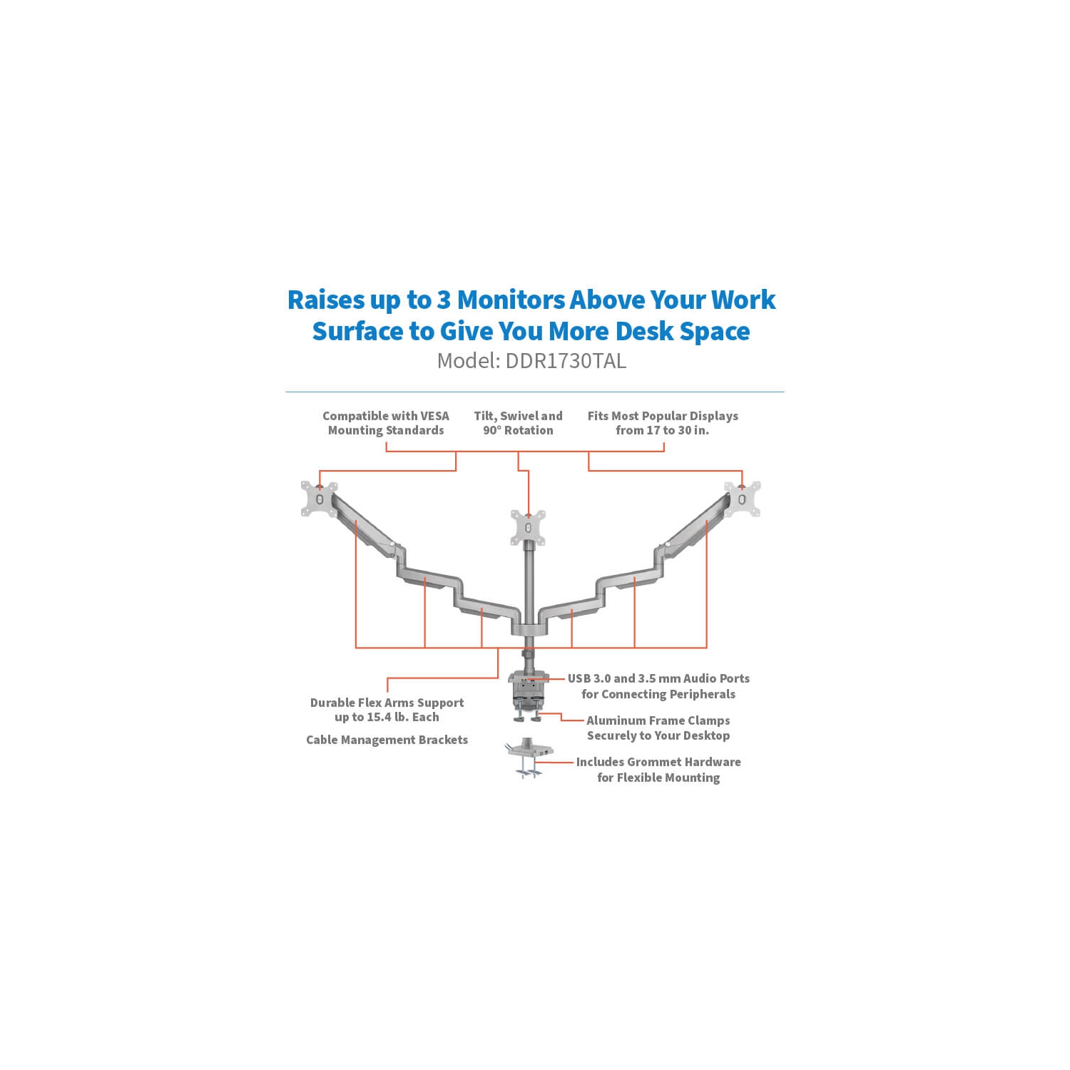 Tripp Lite 17"-30" Triple-Display Gas-Spring Flex-Arm Desktop Clamp and Grommet - Silver