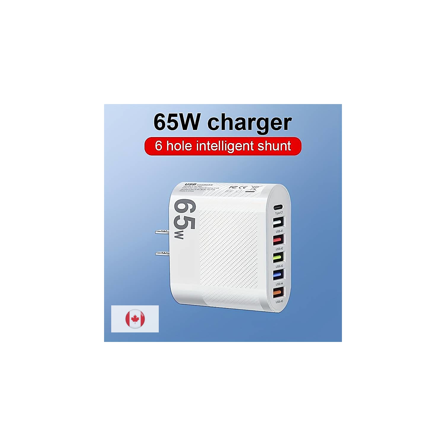 6 Ports 65W PD fast wall charger block universal lightening for iPhone iPad Samsung LG OnePlus Google Pixel Android Apple watch