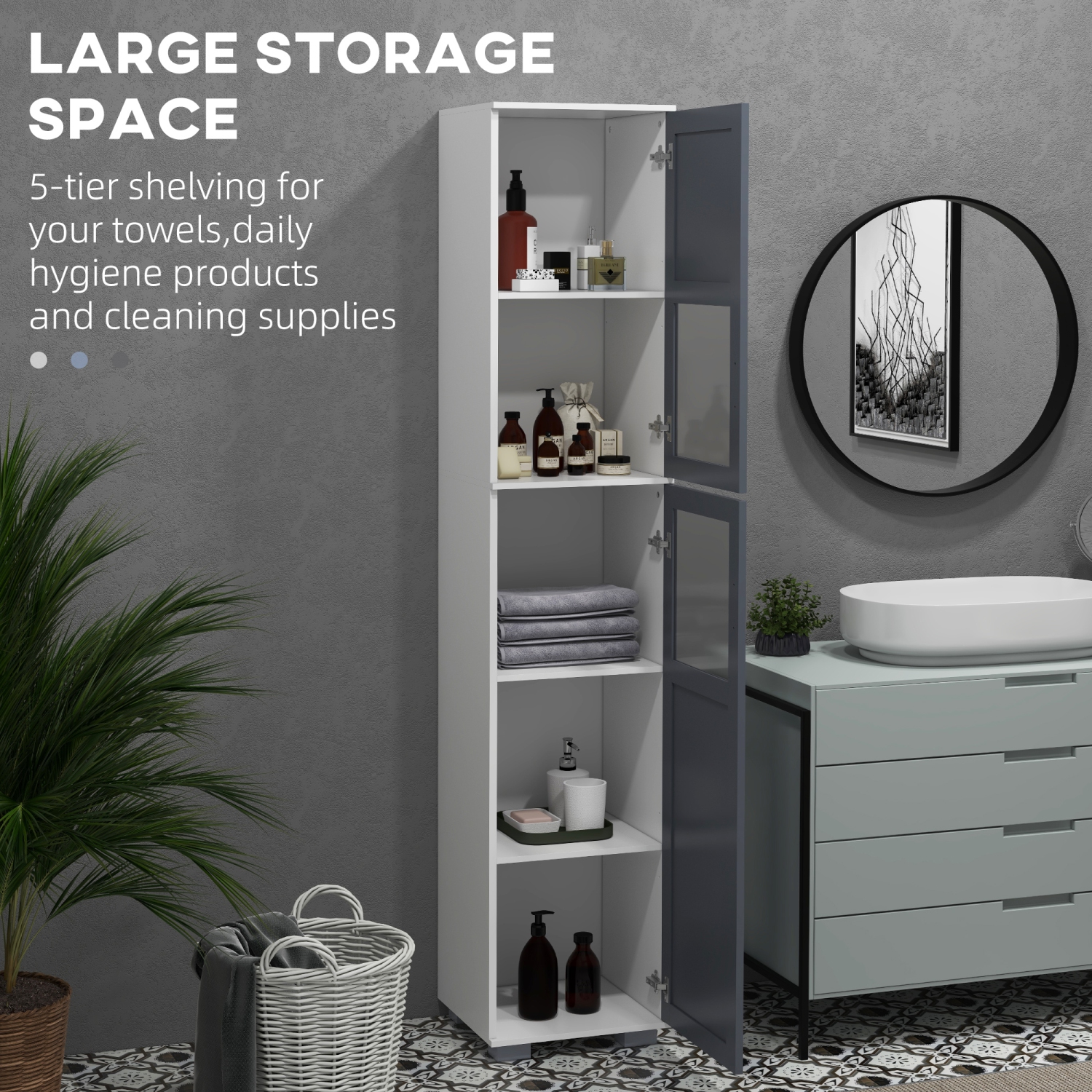 kleankin 75" Tall Bathroom Storage Cabinet, Narrow Bathroom Cabinet with 2 Cupboards, Matte Glass Doors and Adjustable Shelves, Freestanding Linen