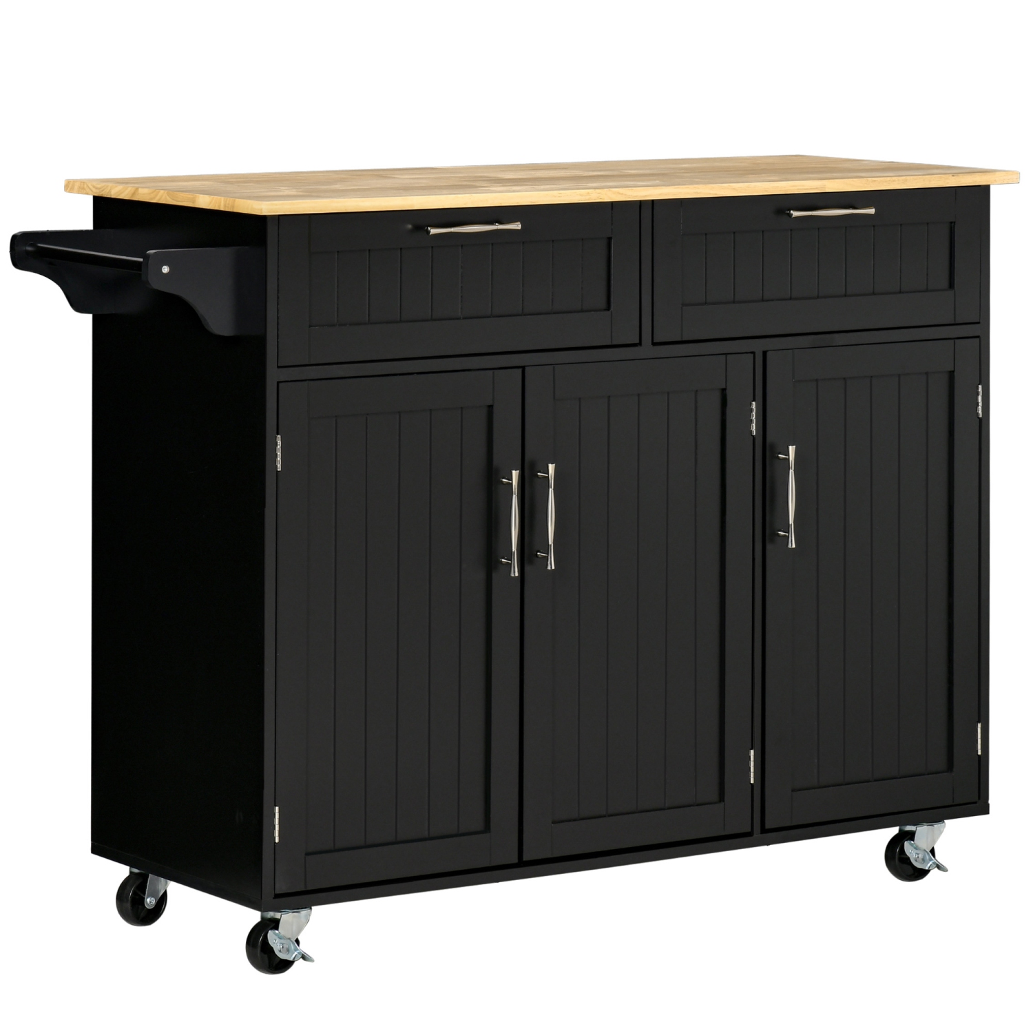HOMCOM 48" Rolling Kitchen Island, Kitchen Cart on Wheels with 2 Storage Drawers, 3 Door Cabinets and Towel Rack for Dining Room