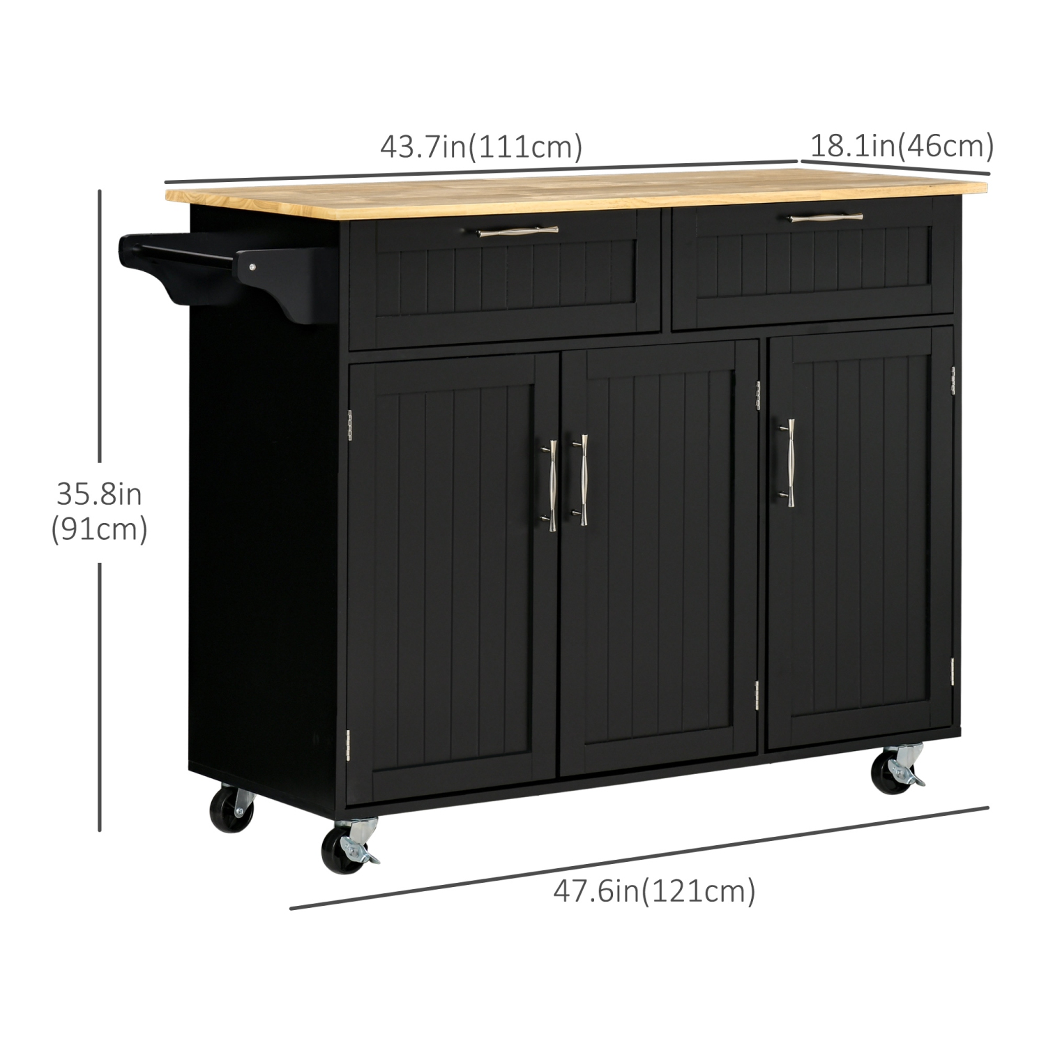 HOMCOM 48" Rolling Kitchen Island, Kitchen Cart on Wheels with 2 Storage Drawers, 3 Door Cabinets and Towel Rack for Dining Room