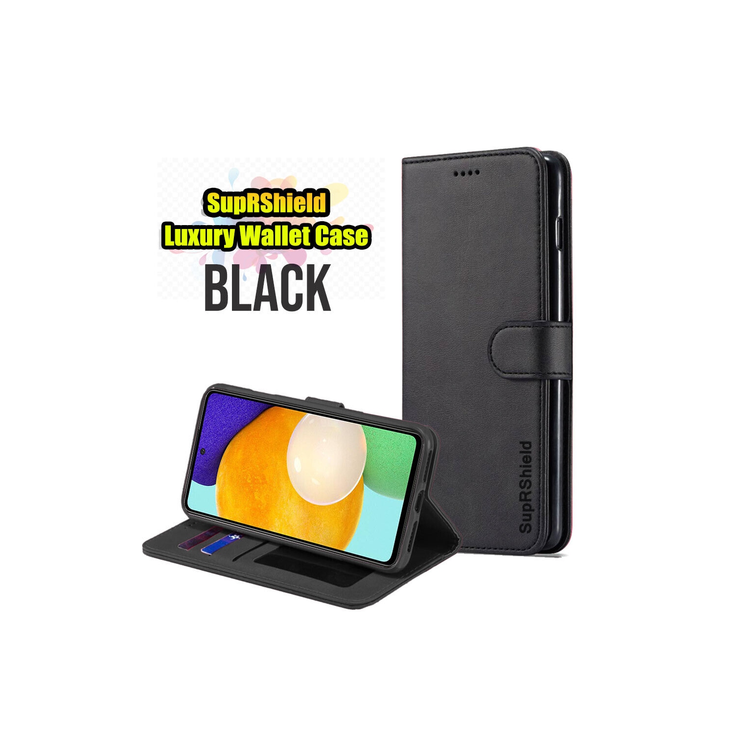 Étui folio portefeuille à rabat avec fente magnétique en cuir pour Galaxy A52 5G de Samsung - Noir