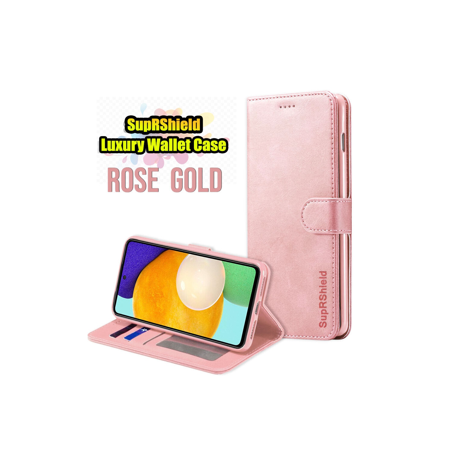 Étui folio portefeuille à rabat avec fente magnétique en cuir pour Galaxy A52 5G de Samsung - Rose doré