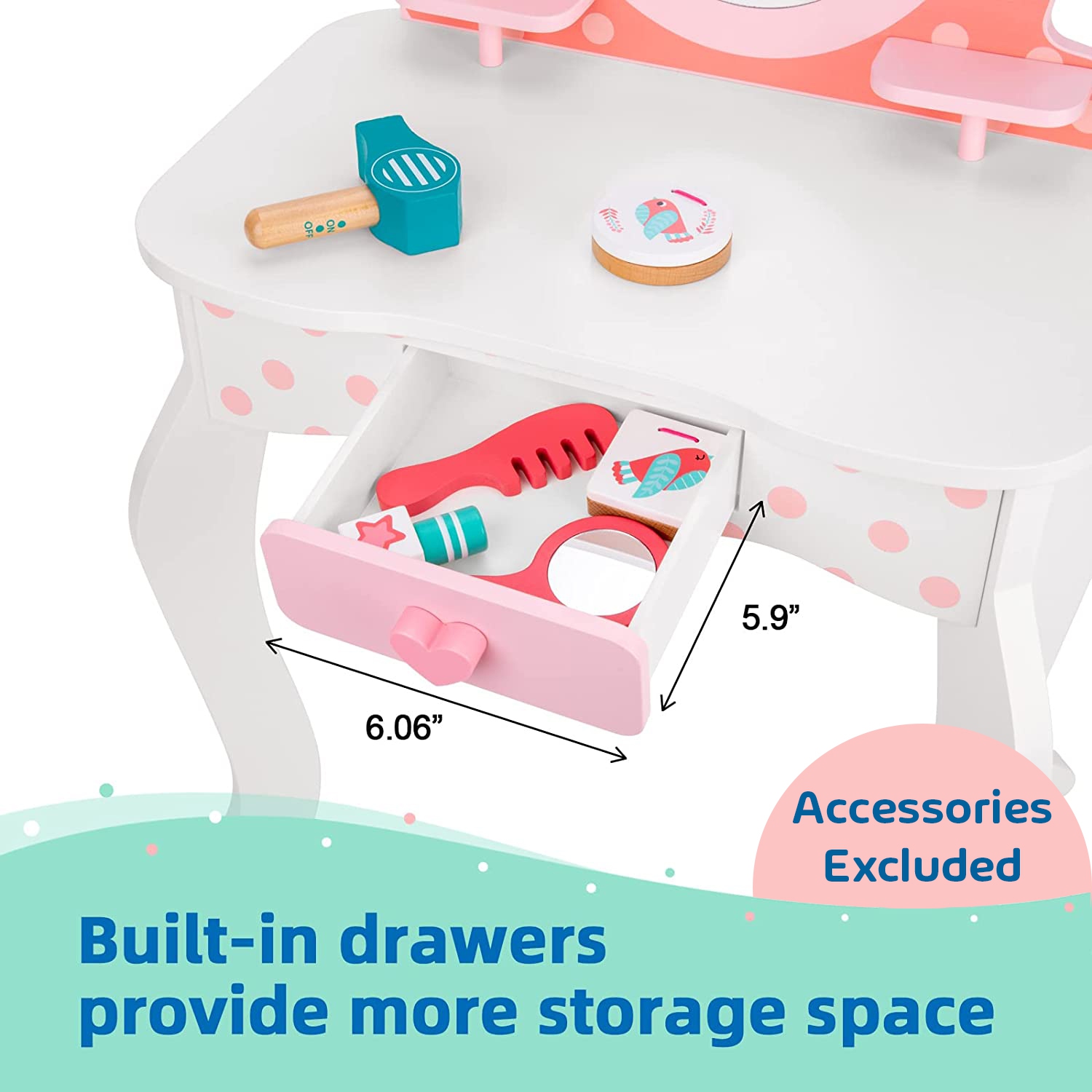 TOOKYLAND Wooden Kids Vanity Set - Makeup Dressing Table with Mirror and Chair, Pretend Play Toy for Toddlers 3 Year Old +