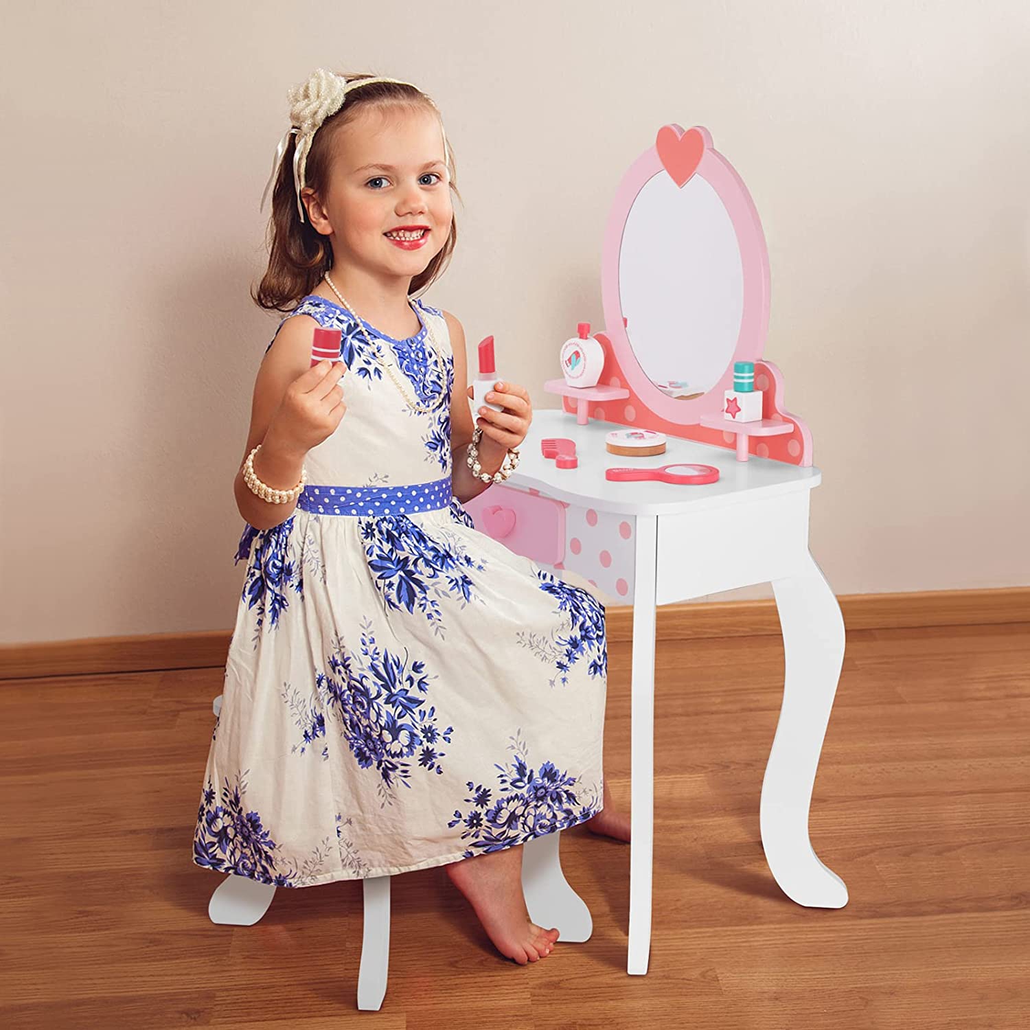 TOOKYLAND Wooden Kids Vanity Set - Makeup Dressing Table with Mirror and Chair, Pretend Play Toy for Toddlers 3 Year Old +