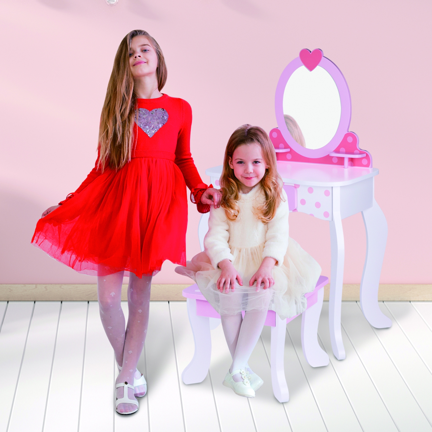 TOOKYLAND Wooden Kids Vanity Set - Makeup Dressing Table with Mirror and Chair, Pretend Play Toy for Toddlers 3 Year Old +