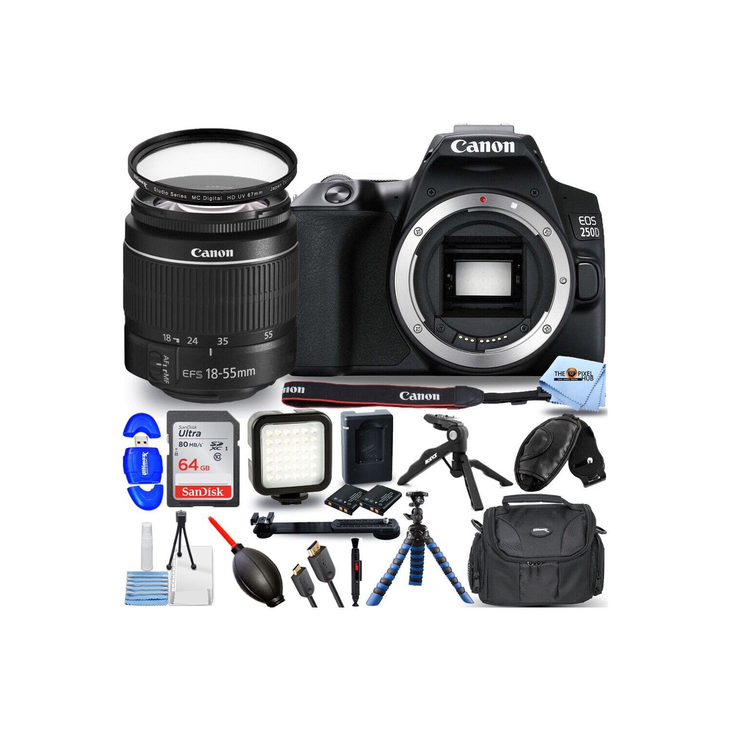 Canon EOS 250D / Rebel SL3 with 18-55mm III Lens + 64GB + LED Light Kit Bundle