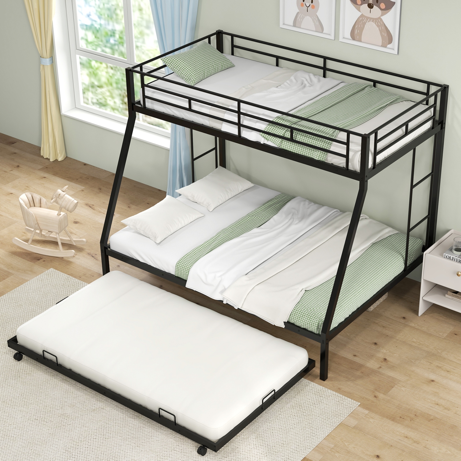 Costway Twin Over Full Metal Bunk Bed With Trundle Slats Support for Teens Adults Black