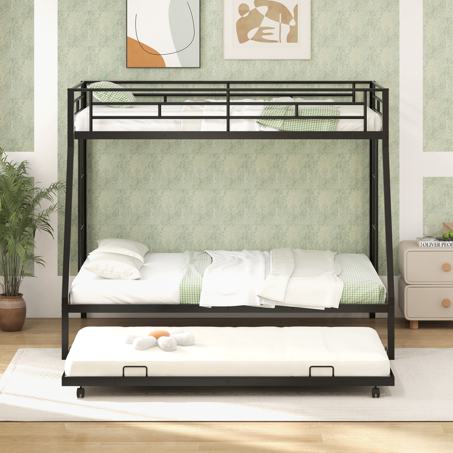 Costway Twin Over Full Metal Bunk Bed With Trundle Slats Support for Teens Adults Black