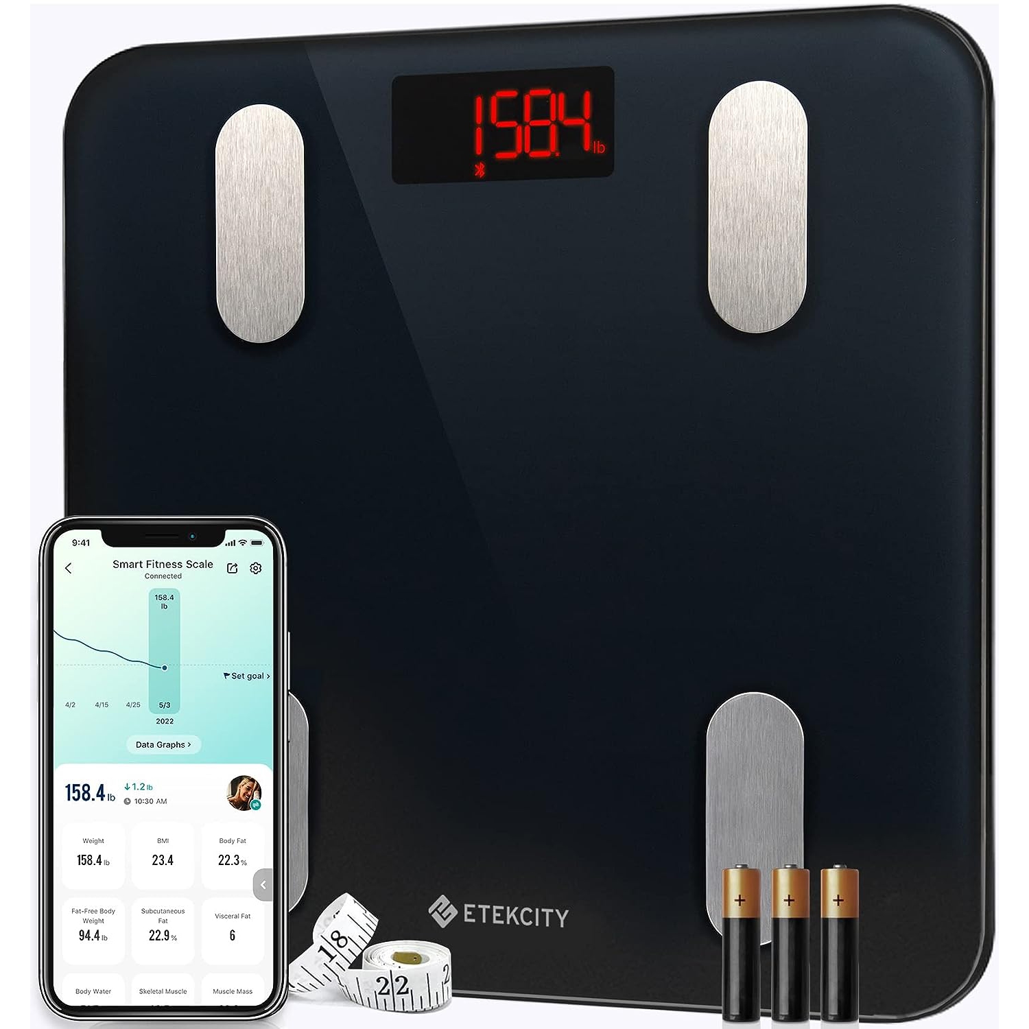 Etekcity Bathroom Weight Scale, Smart Body Fat Scale, Digital BMI Analyser for Body Weight, works with Smartphone APPs, Large Backlit Display and
