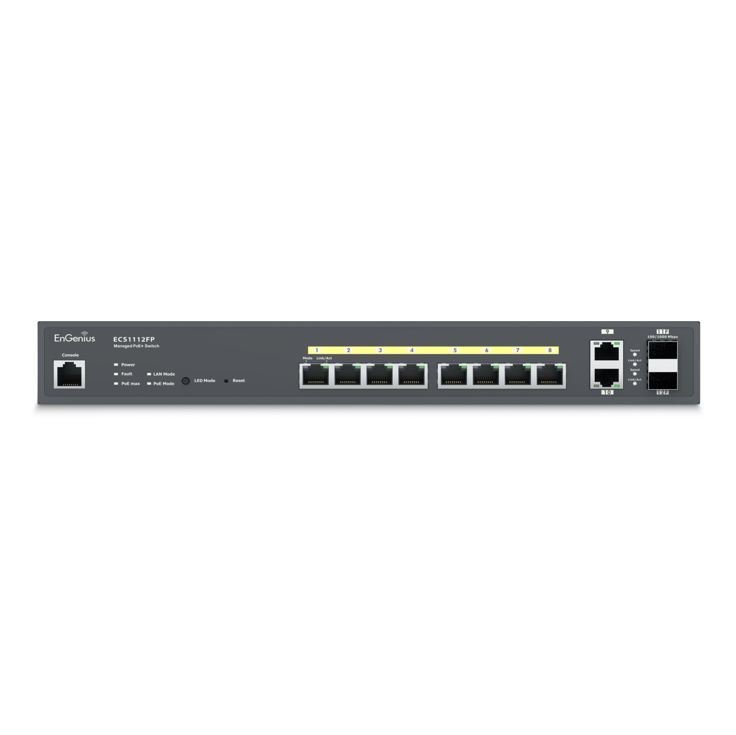 EnGenius – Commutateur PoE+ Gigabit 8 L2 à ports, 1U ports, montage sur bâti, 13 po, 2 ports SFP, 802,3af/AT, 130&nbsp;W,