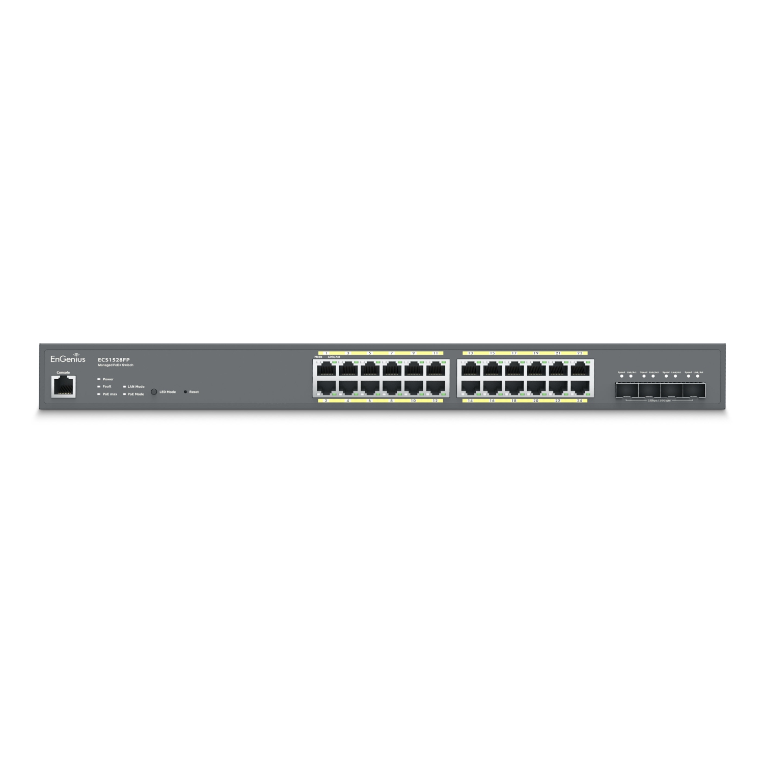 EnGenius 24-Port Cloud Managed 1U Rack-Mount 19" Gigabit L2 PoE+ Switch, 4x10Gb SFP+, 802.3af/at, 410W-(ECS1528FP)