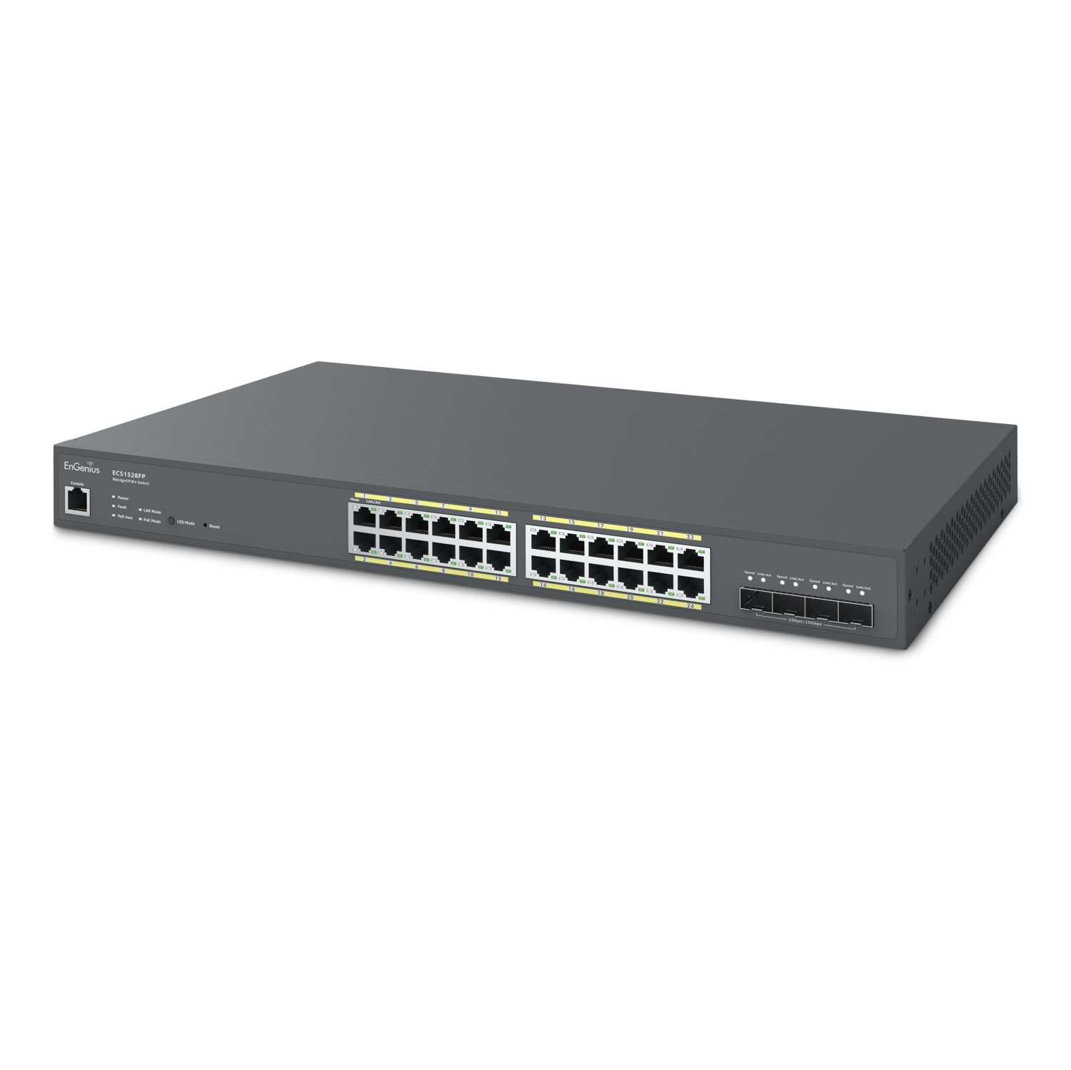 EnGenius 24-Port Cloud Managed 1U Rack-Mount 19" Gigabit L2 PoE+ Switch, 4x10Gb SFP+, 802.3af/at, 410W-(ECS1528FP)