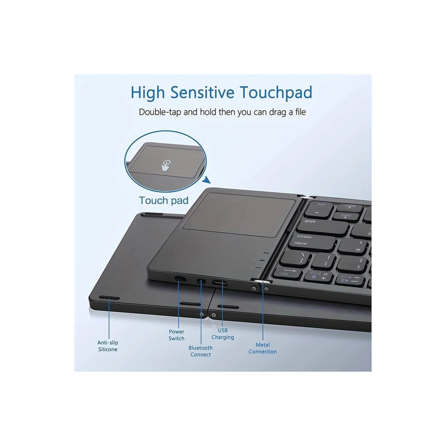 Wireless Folding Keyboard with Touchpad for Windows, Android, iOS. Multi-functional buttons, compact design. Effortless typing on phones and tablets